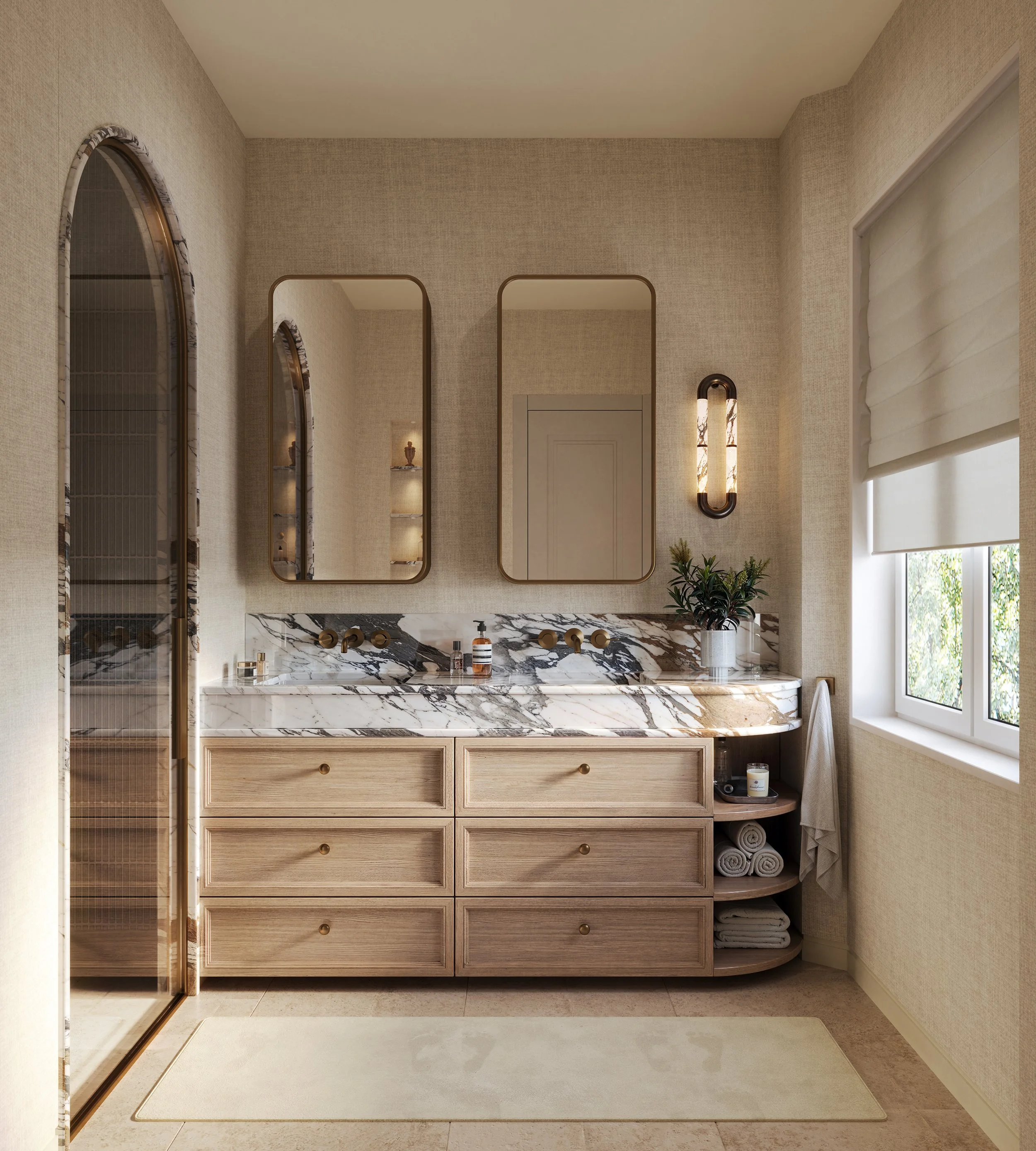 Bathroom vanity with a marble countertop, two mirrors, candles, and decorative items, near a window with a beige roller shade.