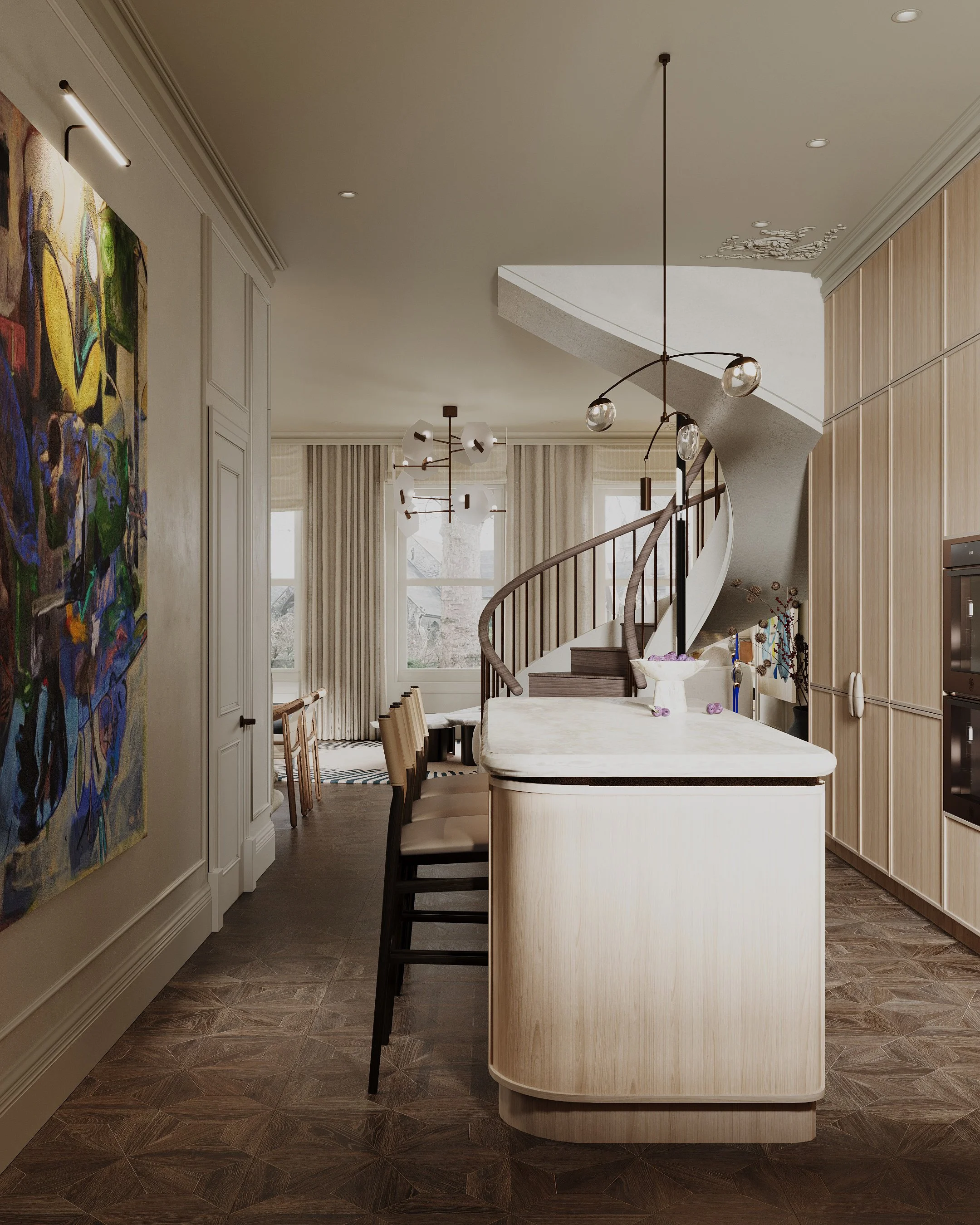 Modern kitchen with a curved staircase, wooden cabinets, a marble countertop island with chairs, contemporary light fixtures, and large windows with curtains.