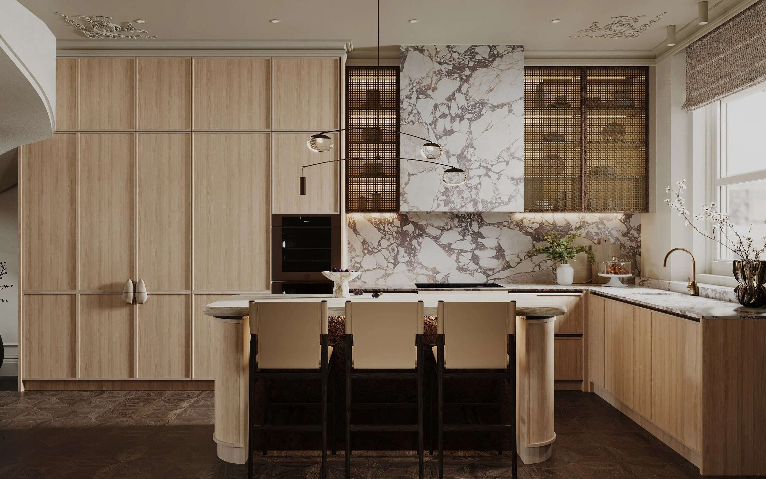 Modern kitchen with beige cabinets, marble backsplash, and window with blinds, decorated with plants, black bar stools, and contemporary lighting.