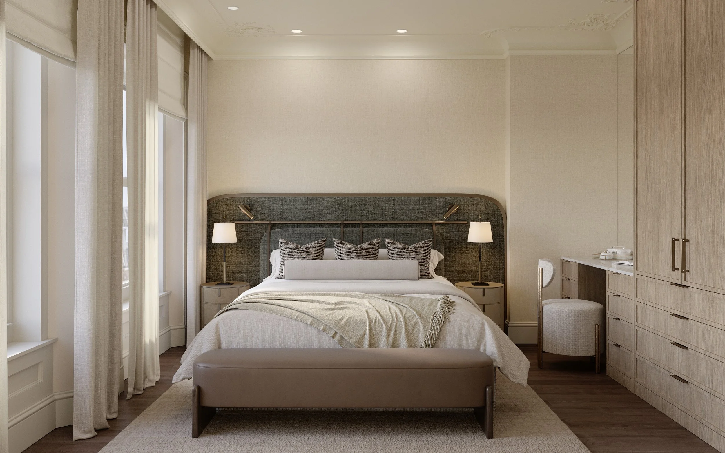 Elegant bedroom with king-sized bed, neutral tones, soft lighting, and minimal decor.