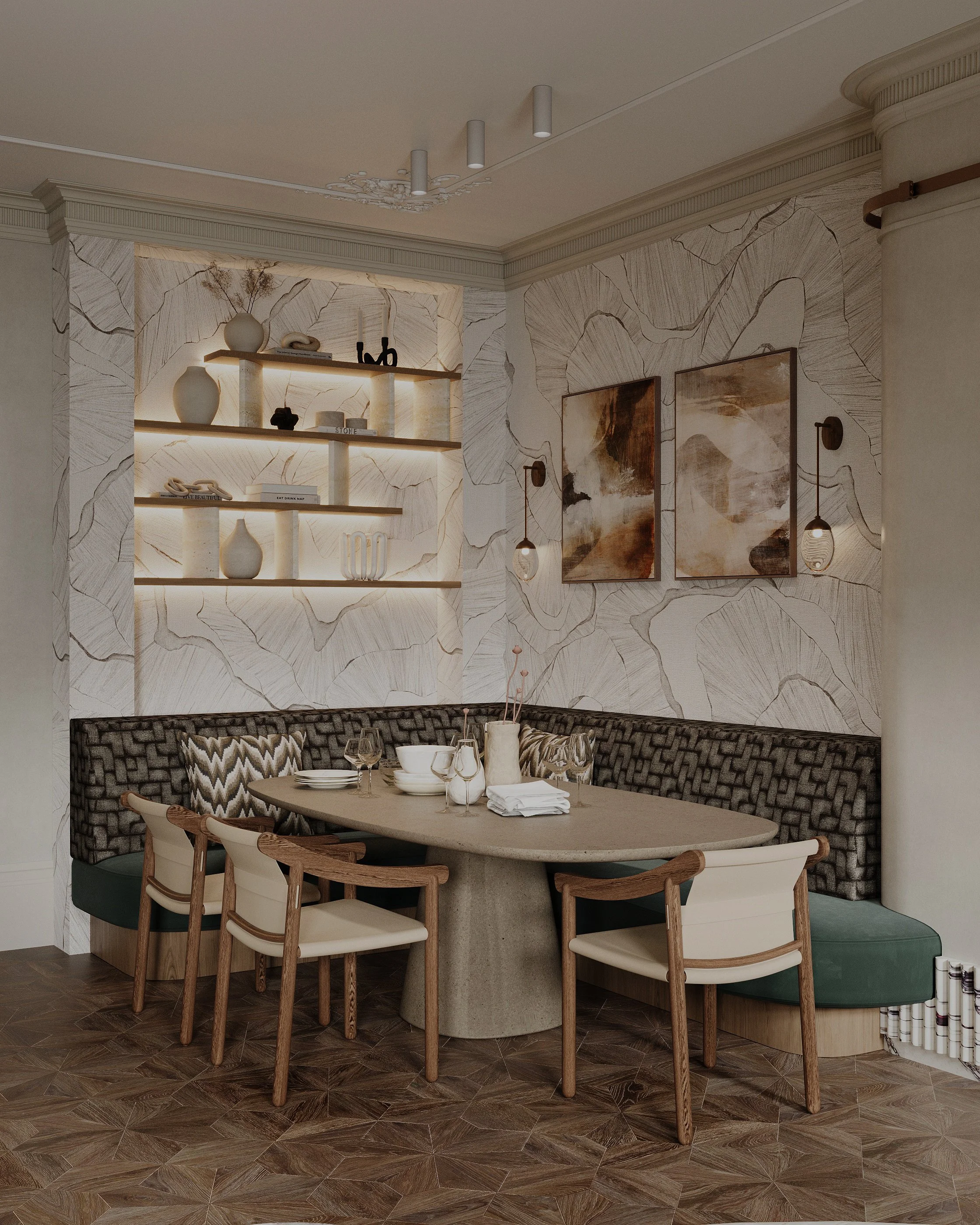 A dining area with a curved bench, four wooden chairs, and a table set with dinnerware, in a room with modern decor, abstract art, and built-in shelving with ceramics and decorative items.