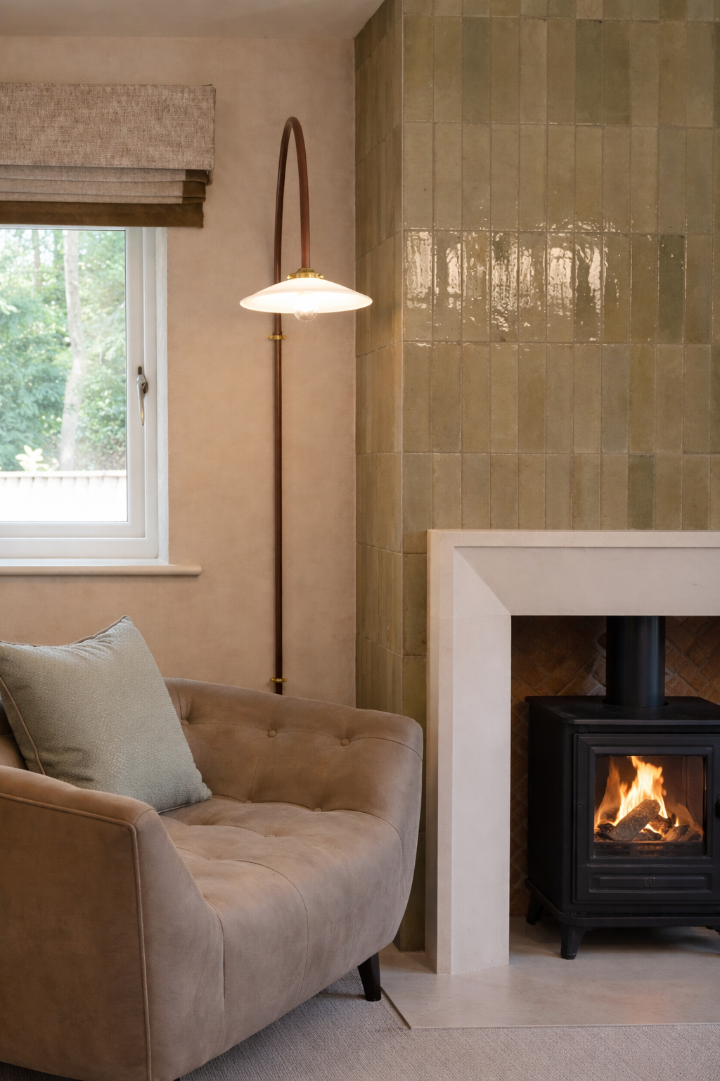 luxury family lounge design with tiled fireplace and fire on