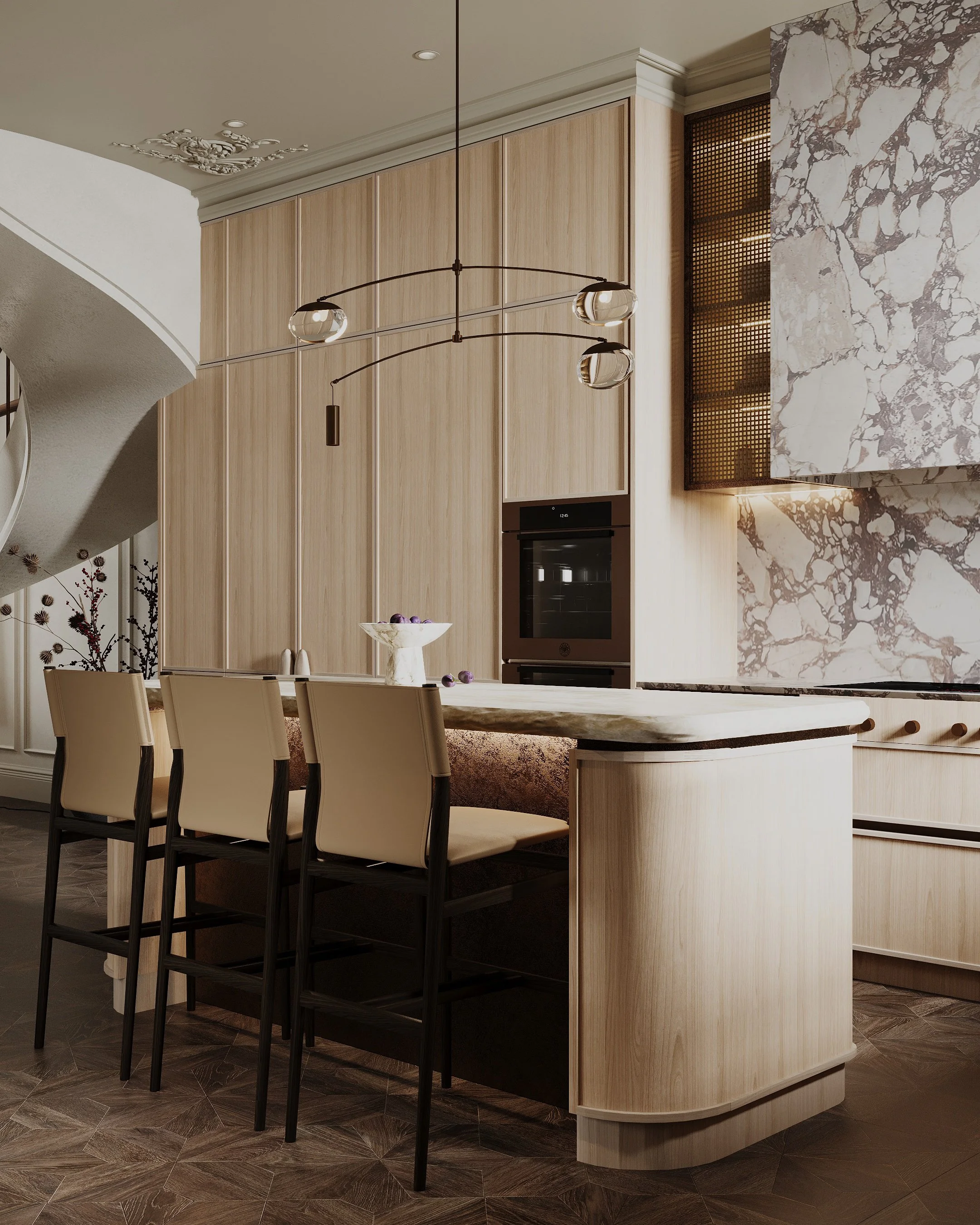 Modern kitchen with wooden cabinetry, marble backsplash, and a curved island with beige bar stools.