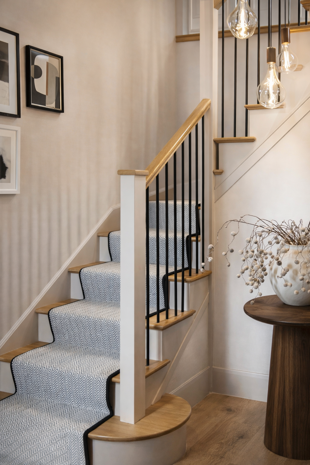 luxury neutral hallway design with stair runner and dried flower arrangement
