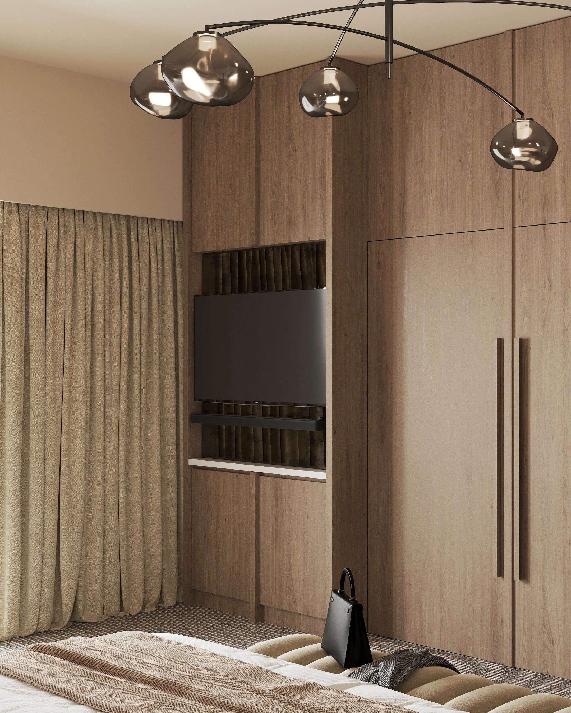 Modern bedroom with wood-paneled walls, a bed with beige and cream bedding, a black handbag on the bed, beige curtains, and a contemporary ceiling light fixture with multiple black and metallic globes.