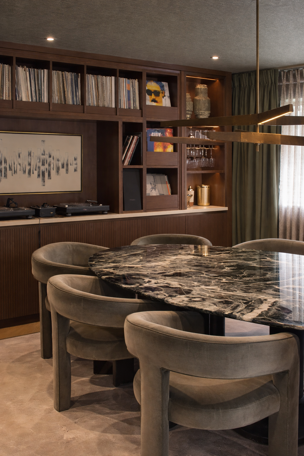 entertainment lounge design with marble dining table and bespoke joinery 