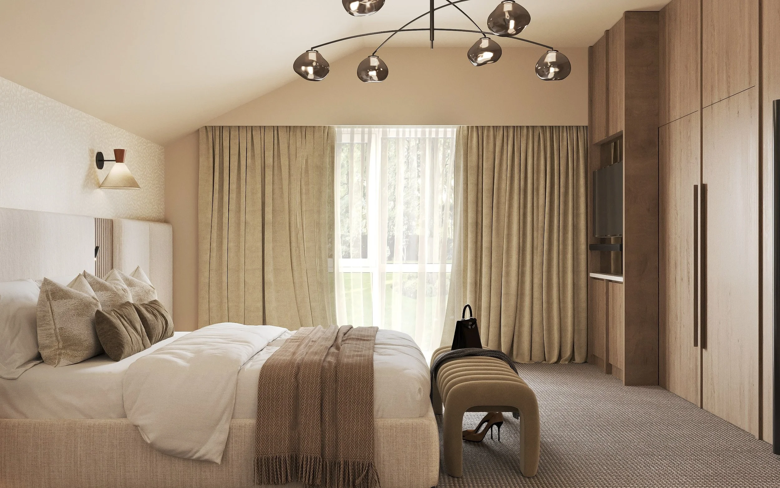 A modern hotel room with a neatly made bed, beige curtains, and wooden cabinets. There is a bench at the foot of the bed, a small television built into the wooden cabinetry, and a black bag on the bench. The room has a geometric light fixture hanging