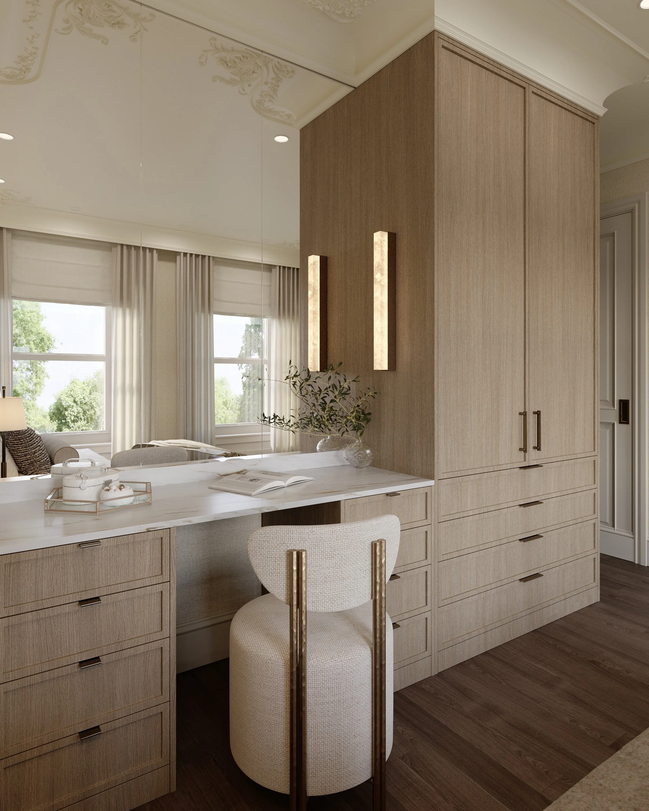 Modern home office with a white marble desk, beige upholstered chair, built-in wooden cabinets, and large windows with white curtains