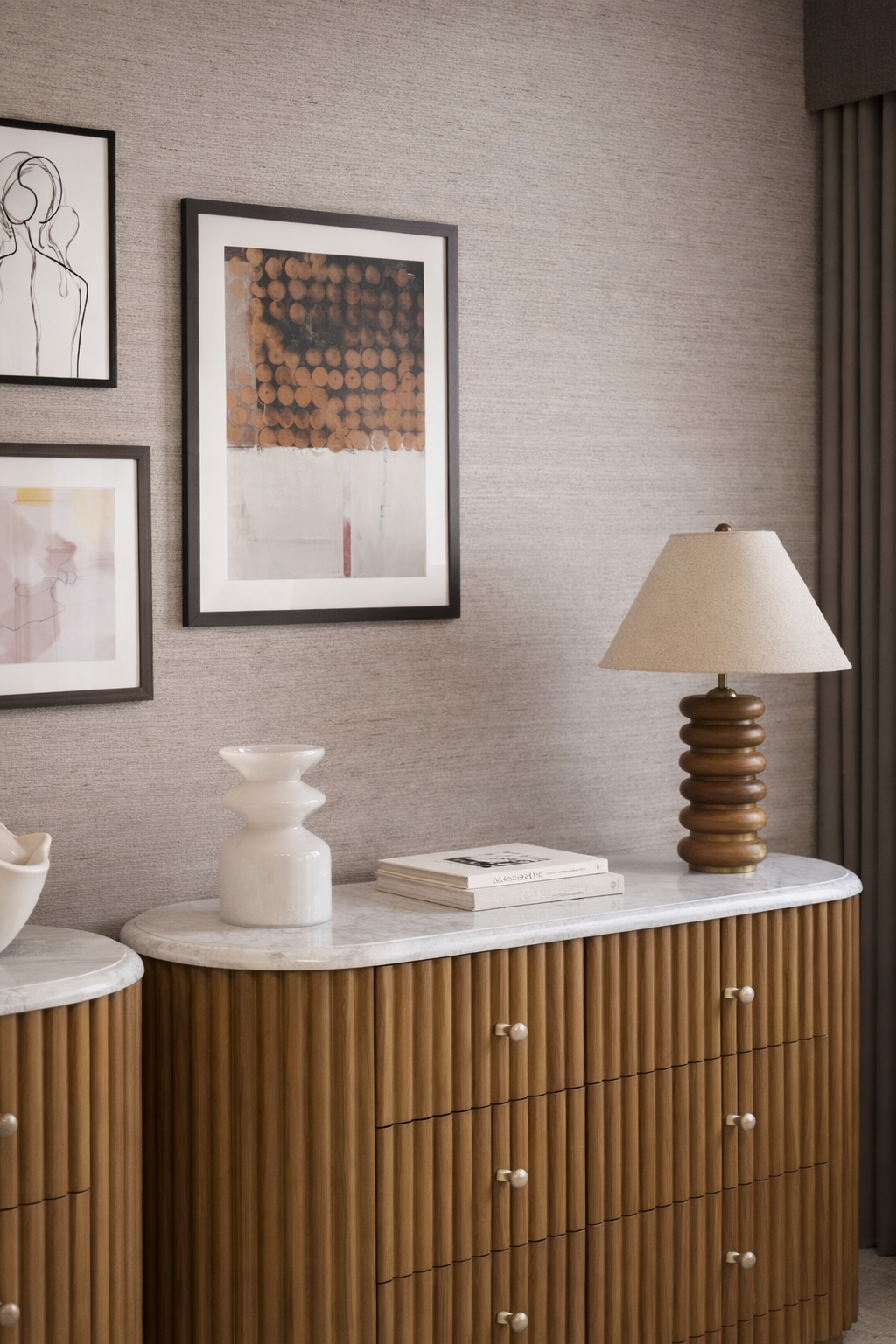 luxury master bedroom design, side board with accessories 