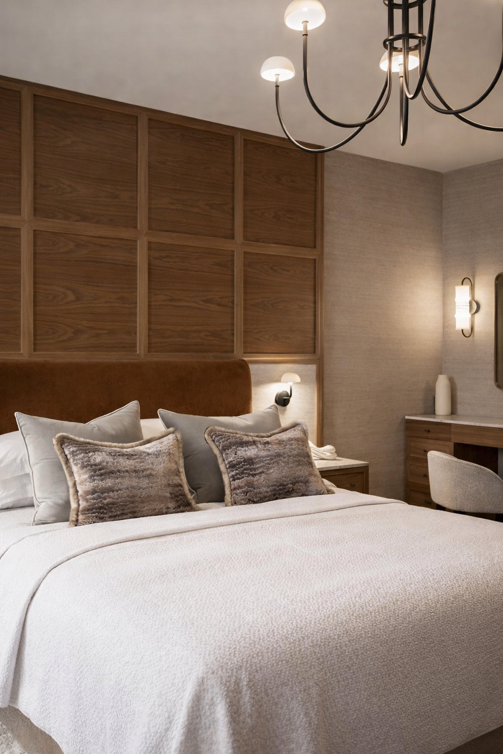 master bedroom design with full height headboard and pendant light