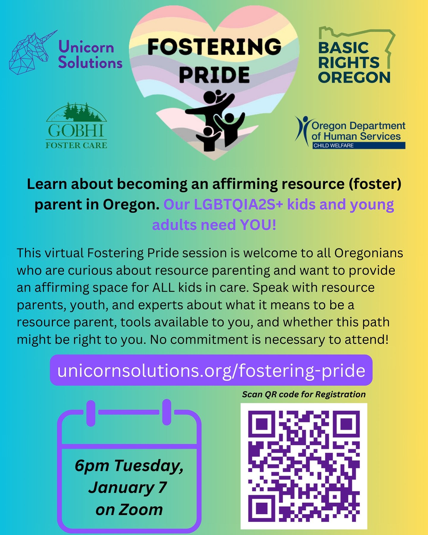 🥳 It&rsquo;s time to spread the word about our next Fostering Pride Resource Parent recruitment event coming Tuesday January 7th, 2025 from 6-8pm PT on zoom. 

Help support LGBTQIA2S+ children and youth in Oregon&rsquo;s foster care system by learni