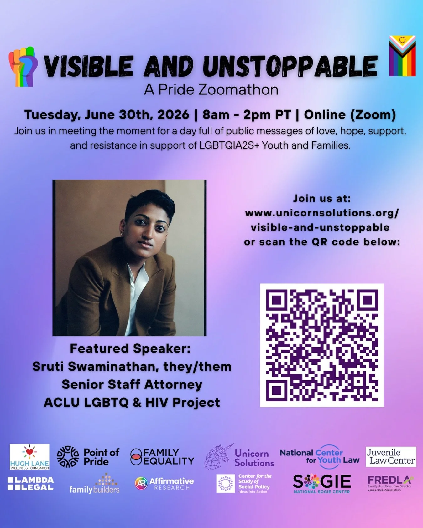 🎤✨ FEATURED SPEAKER ANNOUNCEMENT ✨🎤
We&rsquo;re thrilled to welcome back Sruti Swaminathan, Senior Staff Attorney of the ACLU LGBTQ &amp; HIV Project to the 2nd annual Visible and Unstoppable Pride Zoomathon! 🌈💥

Sruti brings powerful legal insig