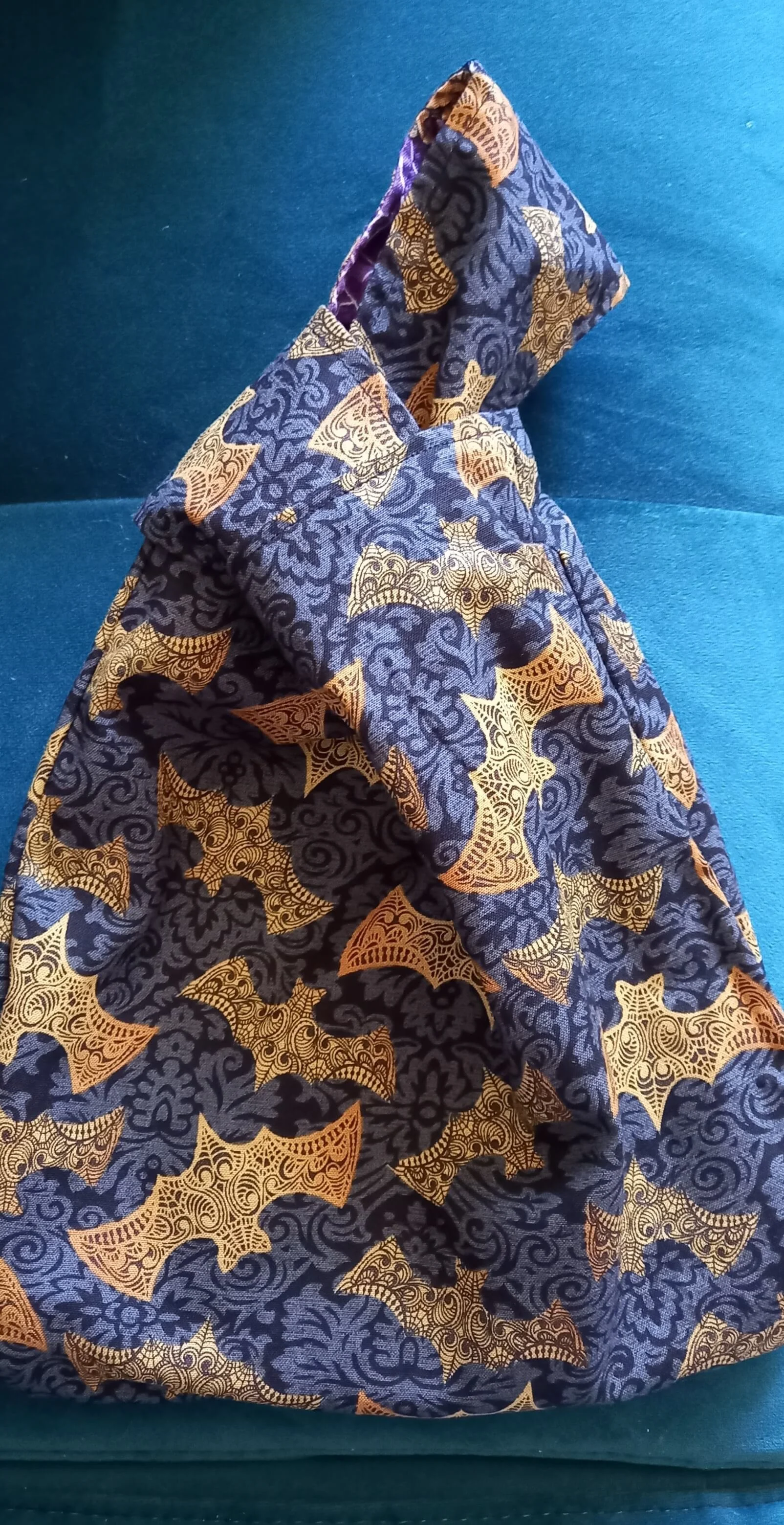 Spooky Skull and Bat Japanese Knot Bag Bat Side