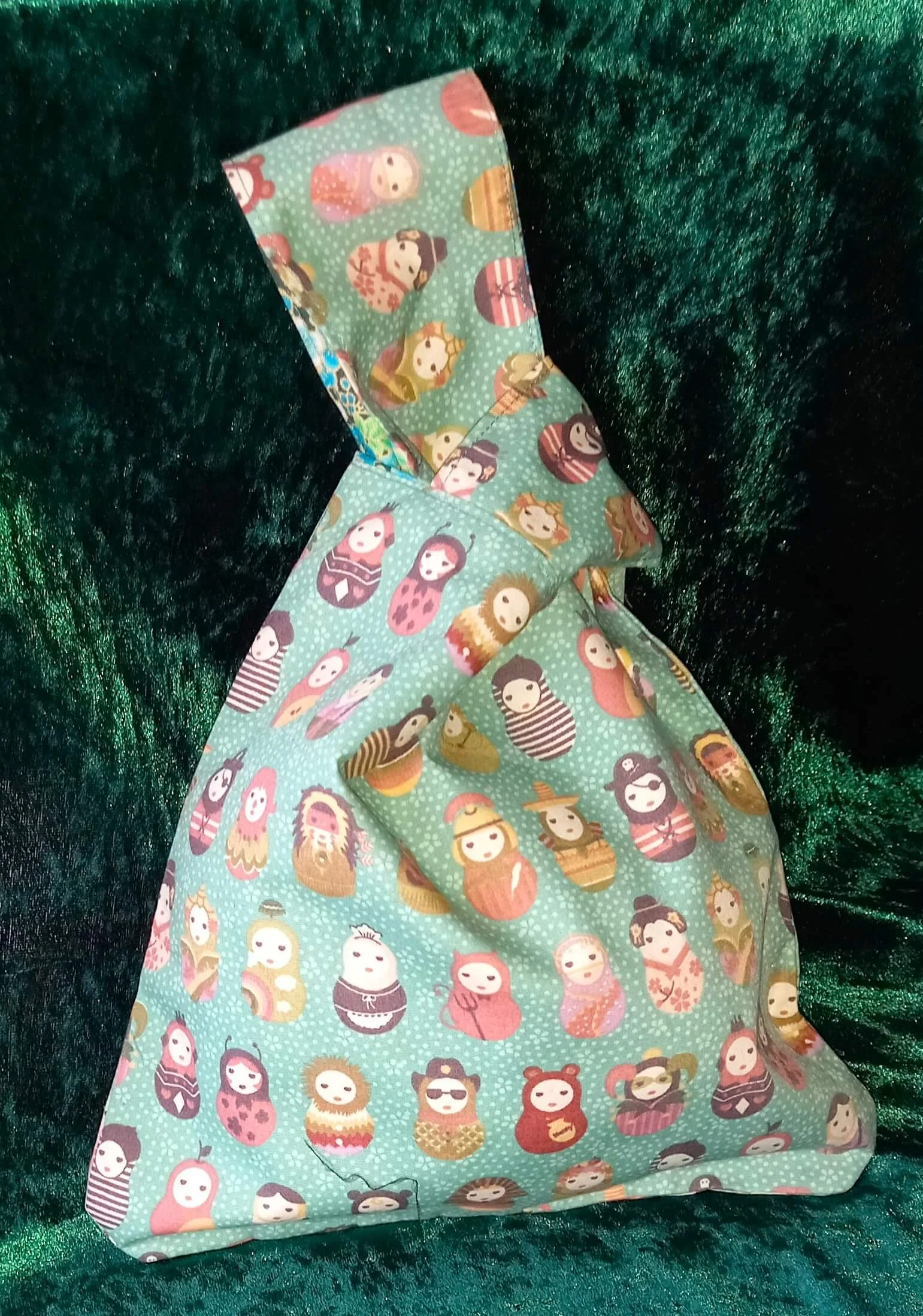 Babooshka Doll and Floral Reversible Japanese Knot Bag Small