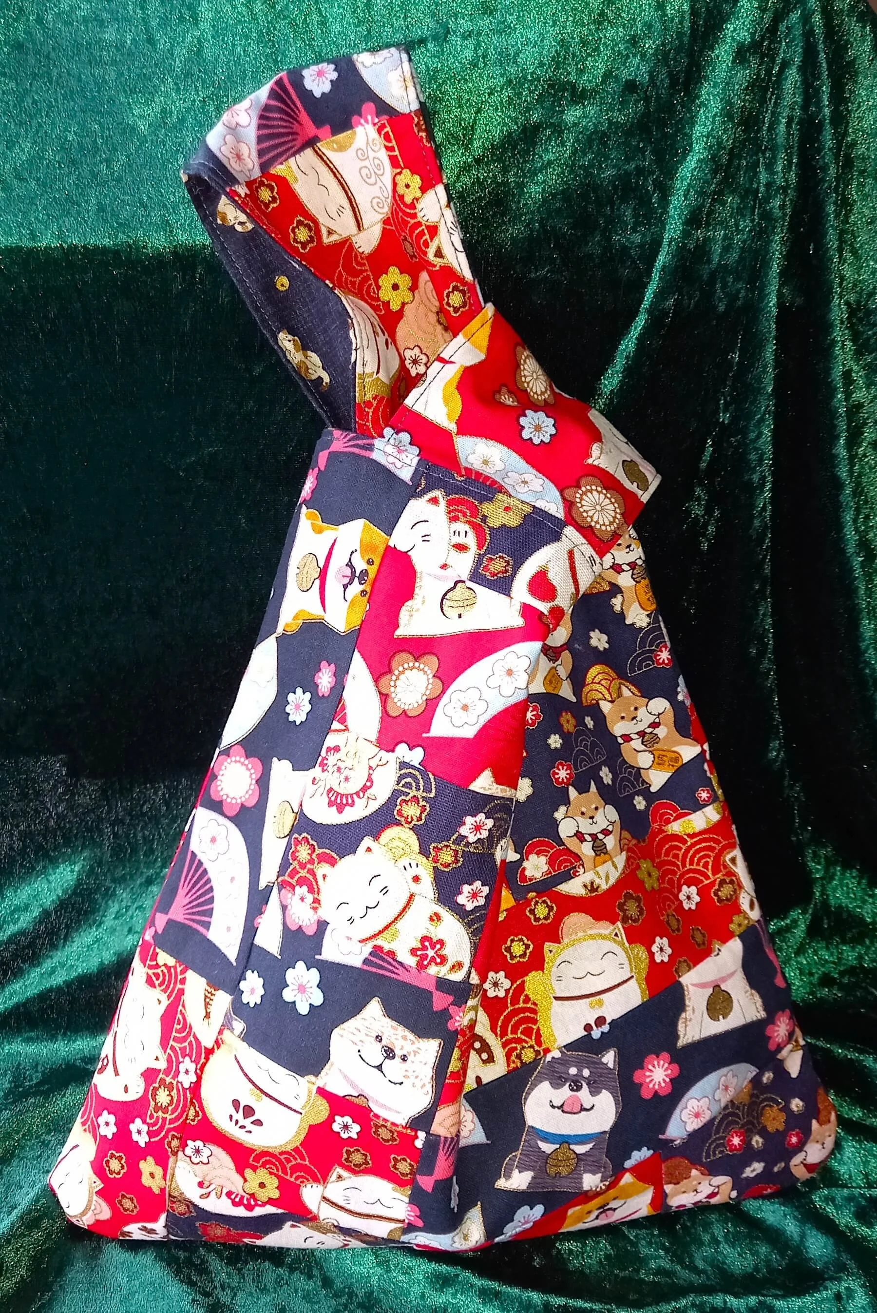 Cats and Dogs Patchwork Reversible Japanese Knot Bag Medium