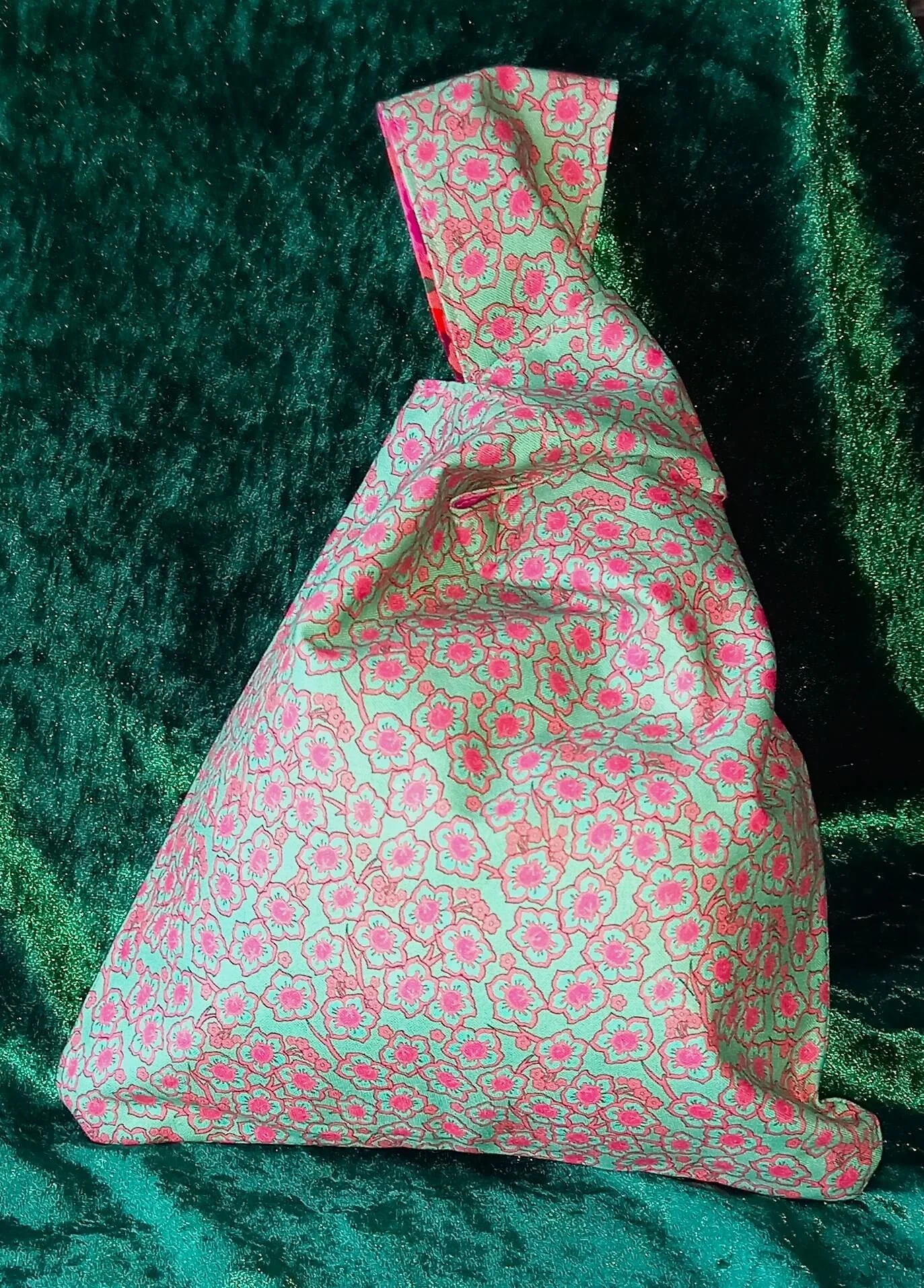 Pink and Turquoise Floral Japanese Knot Bag Small
