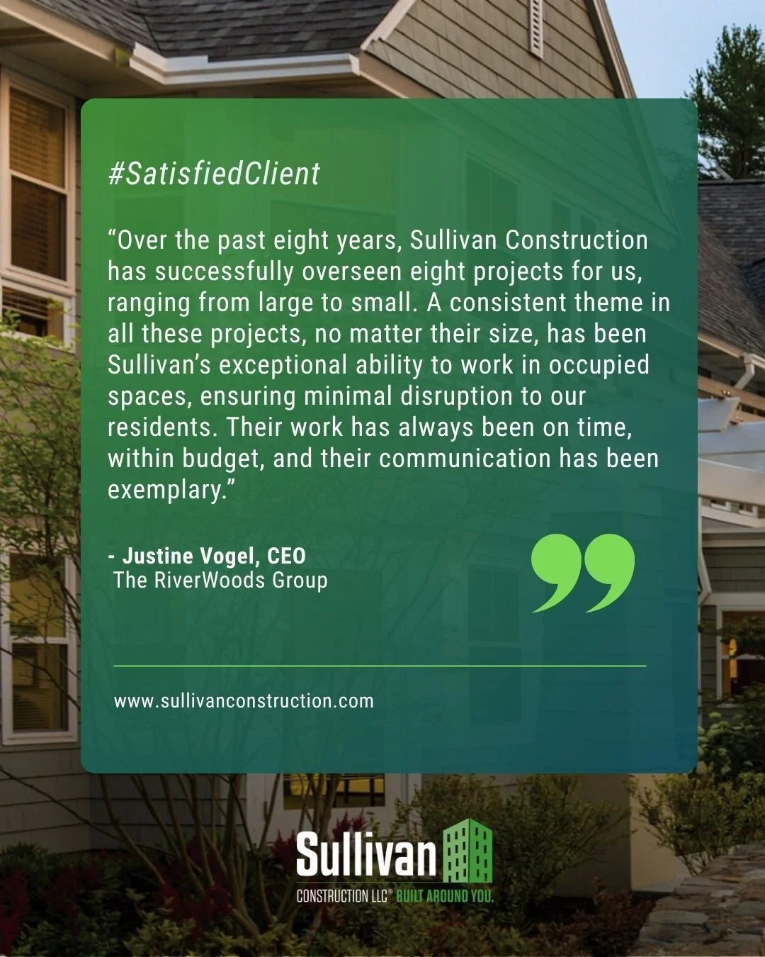 Some of the best partnerships aren't measured by a single project; they're built over years of delivering results.

We're grateful for the trust The RiverWoods Group has placed in Sullivan Construction throughout the years. From renovations large and