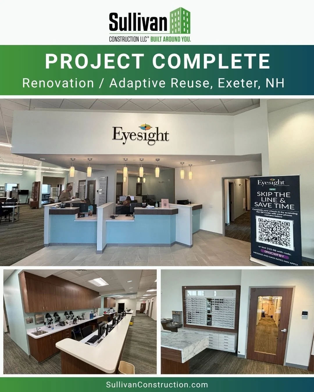From vacant storefront to a modern specialty healthcare facility.

Sullivan Construction recently completed the adaptive reuse of a former Rite Aid into the new home of Eyesight Ophthalmic.

The renovation included demolition, slab saw cutting for ne
