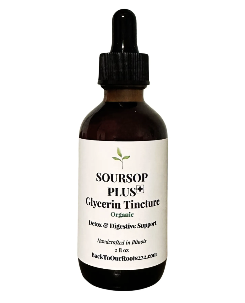 amber dropper bottle with label "Soursop Plus Glycerin Tincture Organic; Detox & Digestive Support by Back to Our Roots