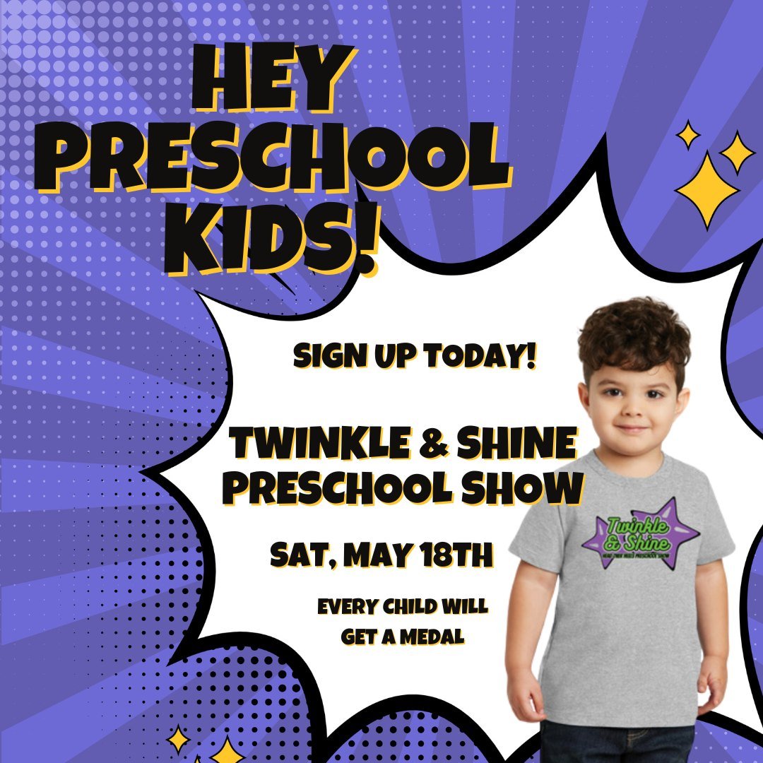 Attention Preschool Families‼️‼️

You won't want to miss the Twinkle &amp; Shine Preschool Show!  Every child will get a medal for their performance! 

Registration is required and space is limited!  Secure your child's spot today! Registration link 