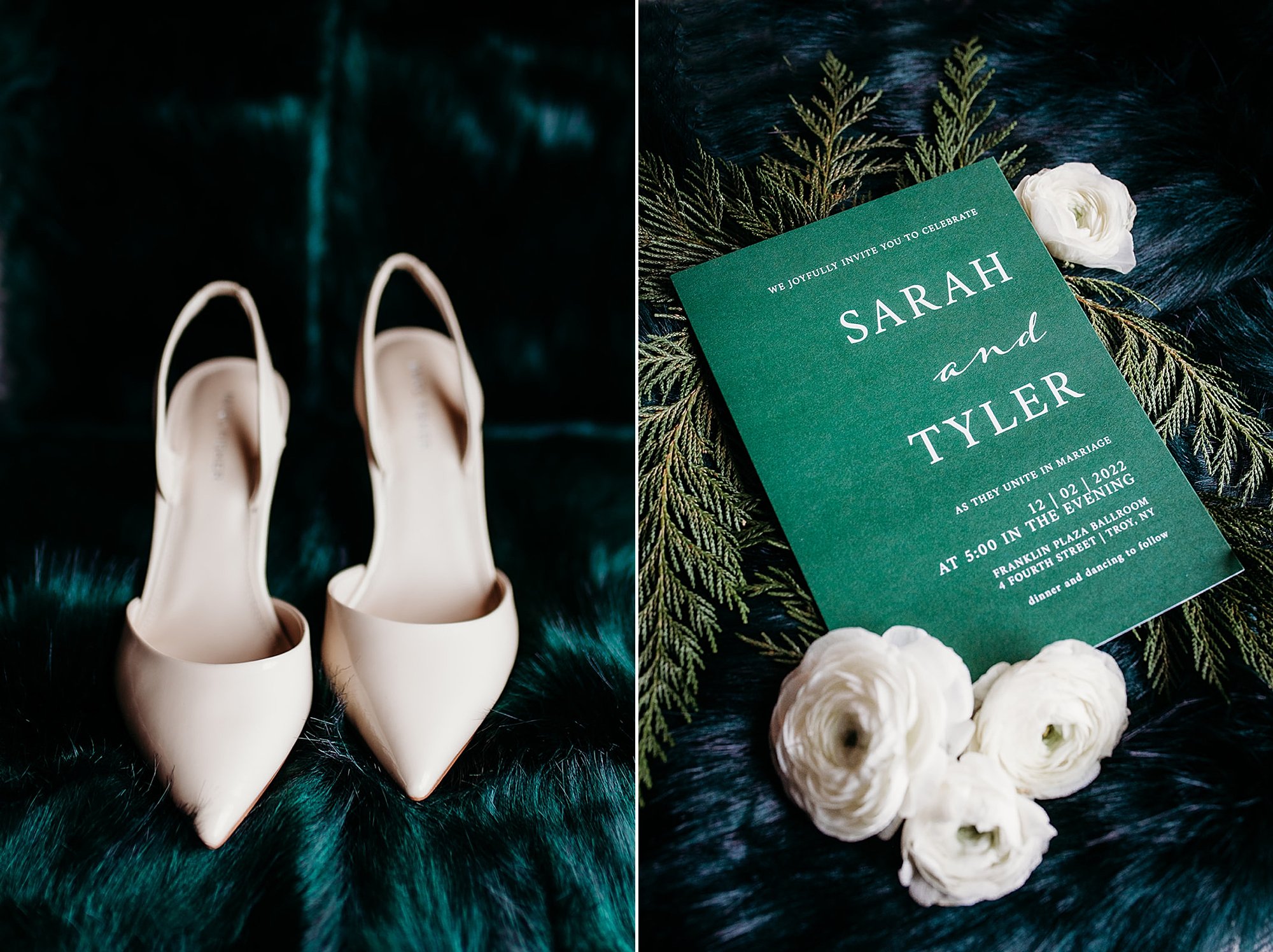 bride's white shoes for winter wedding in Troy NY