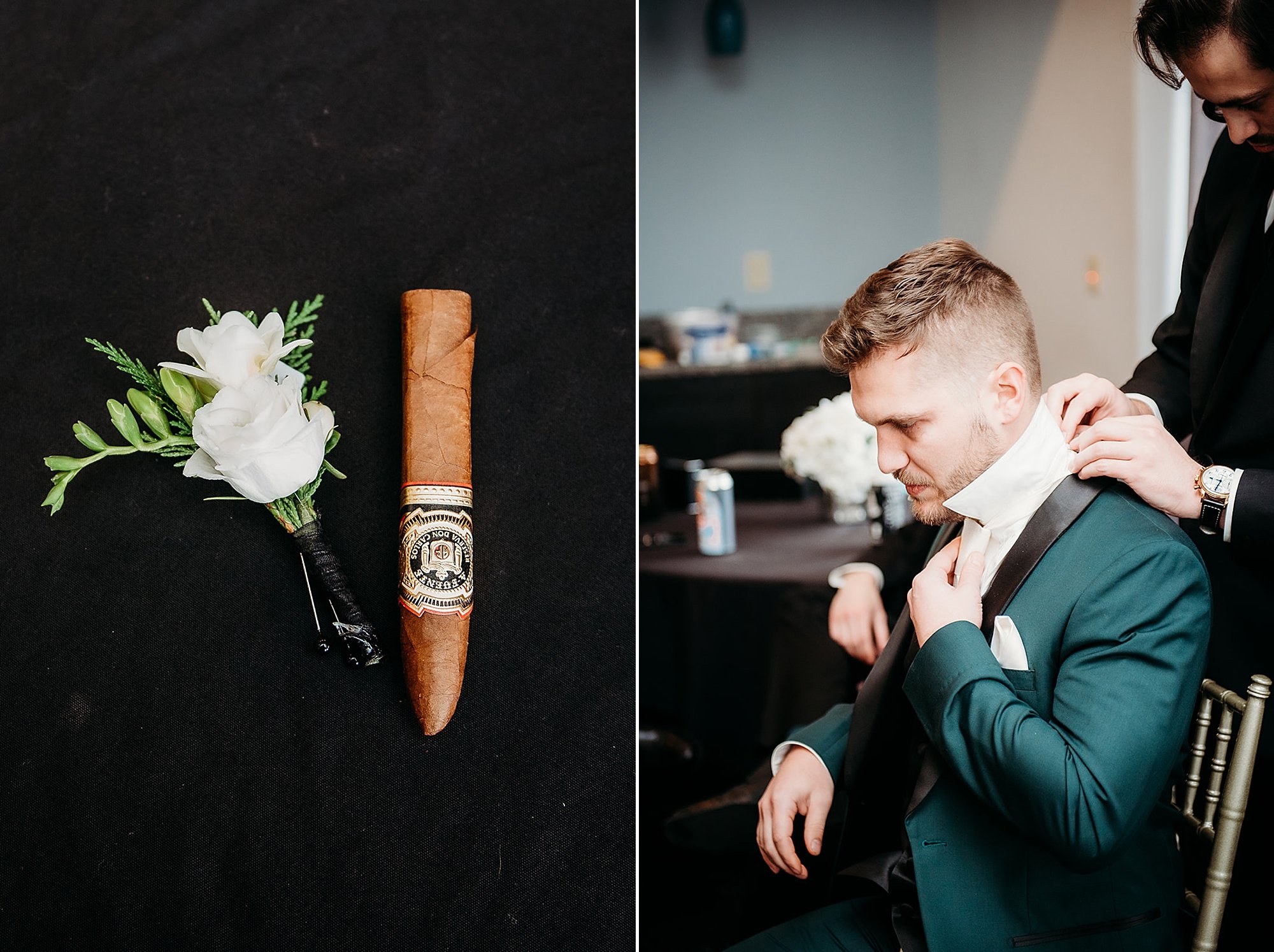 groom prepares for winter wedding at the Franklin Plaza in Troy NY
