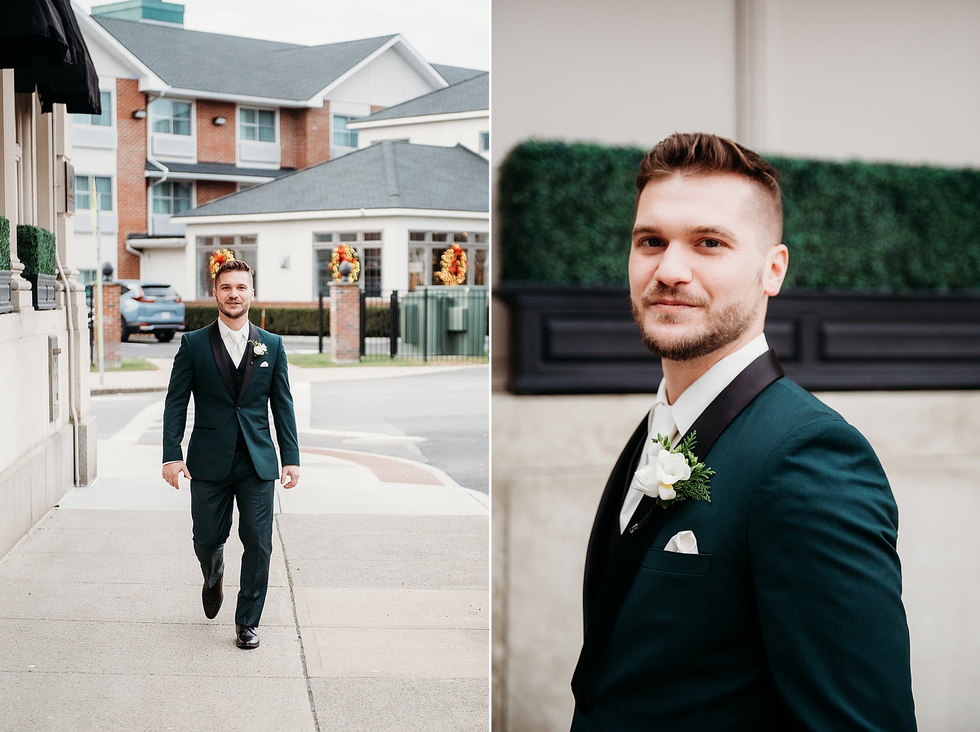 groom walks in suit with emerald jacket in Troy NY