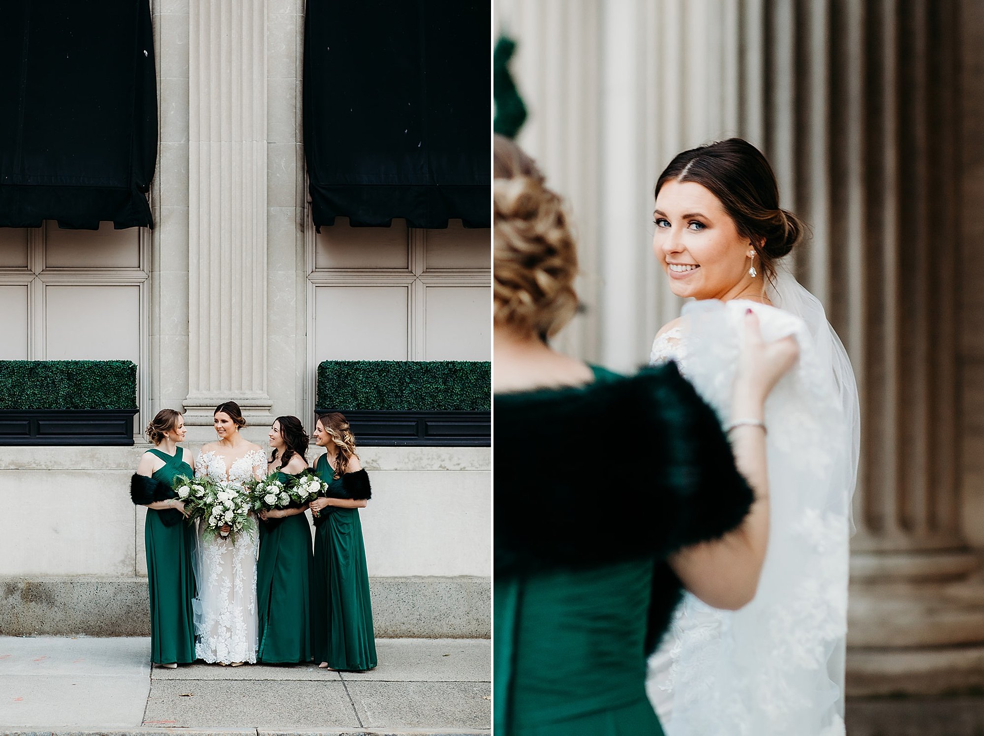 bridesmaids stand with bride in emerald green gown