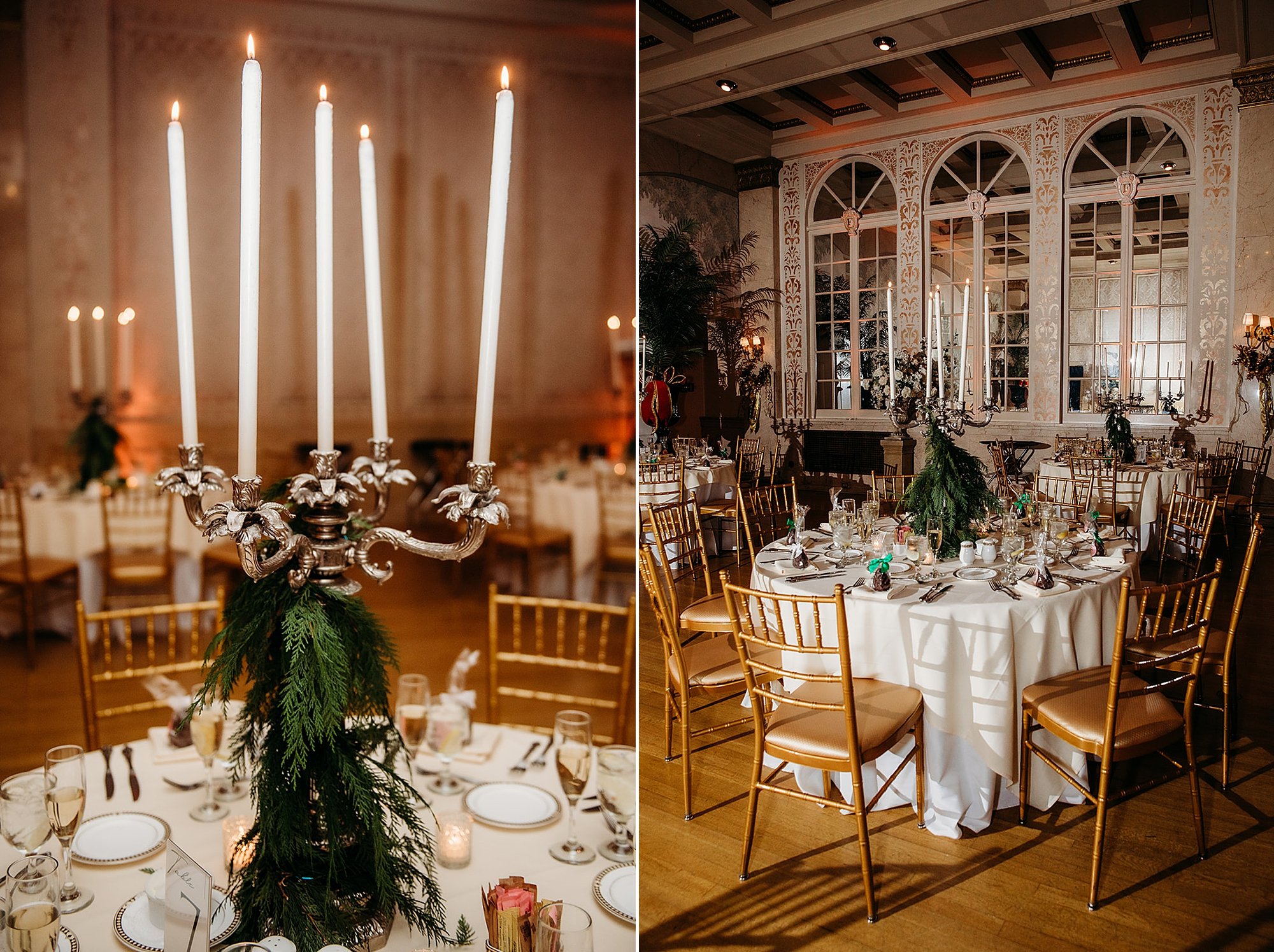 winter wedding reception at the Franklin Plaza with white and green centerpieces 