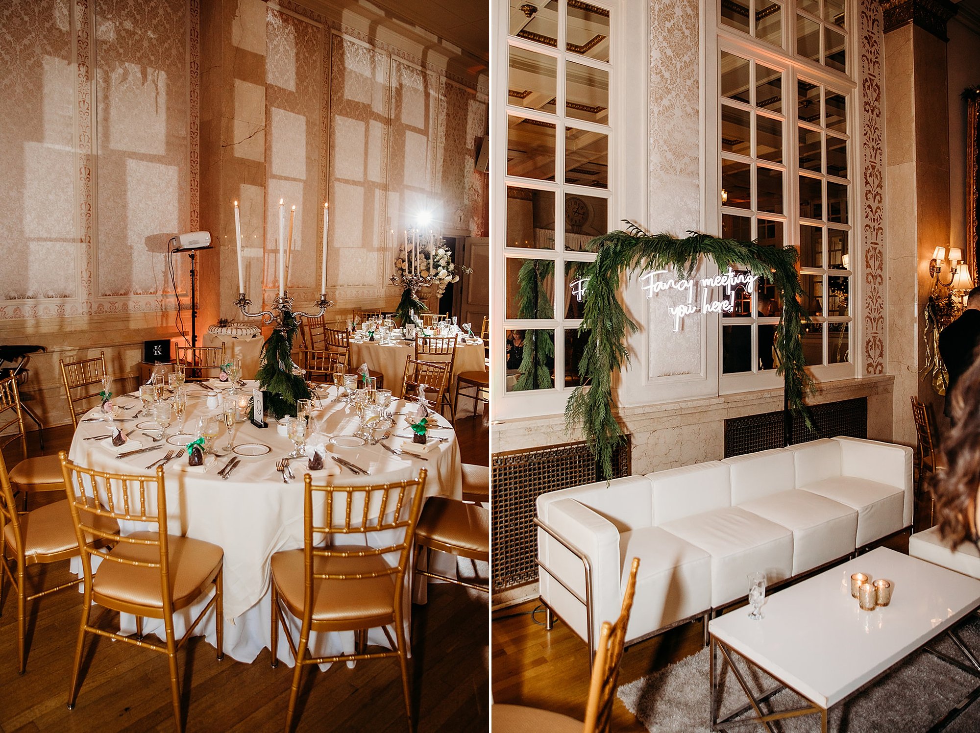 winter wedding reception with greenery and gold details at the Franklin Plaza