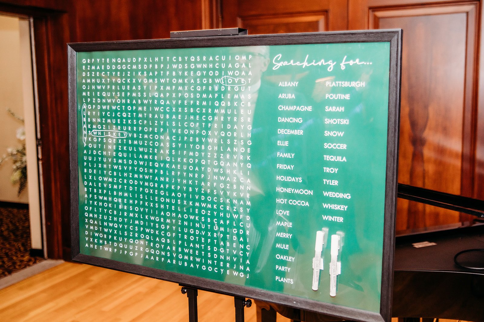 giant word search on green sign for reception at the Franklin Plaza