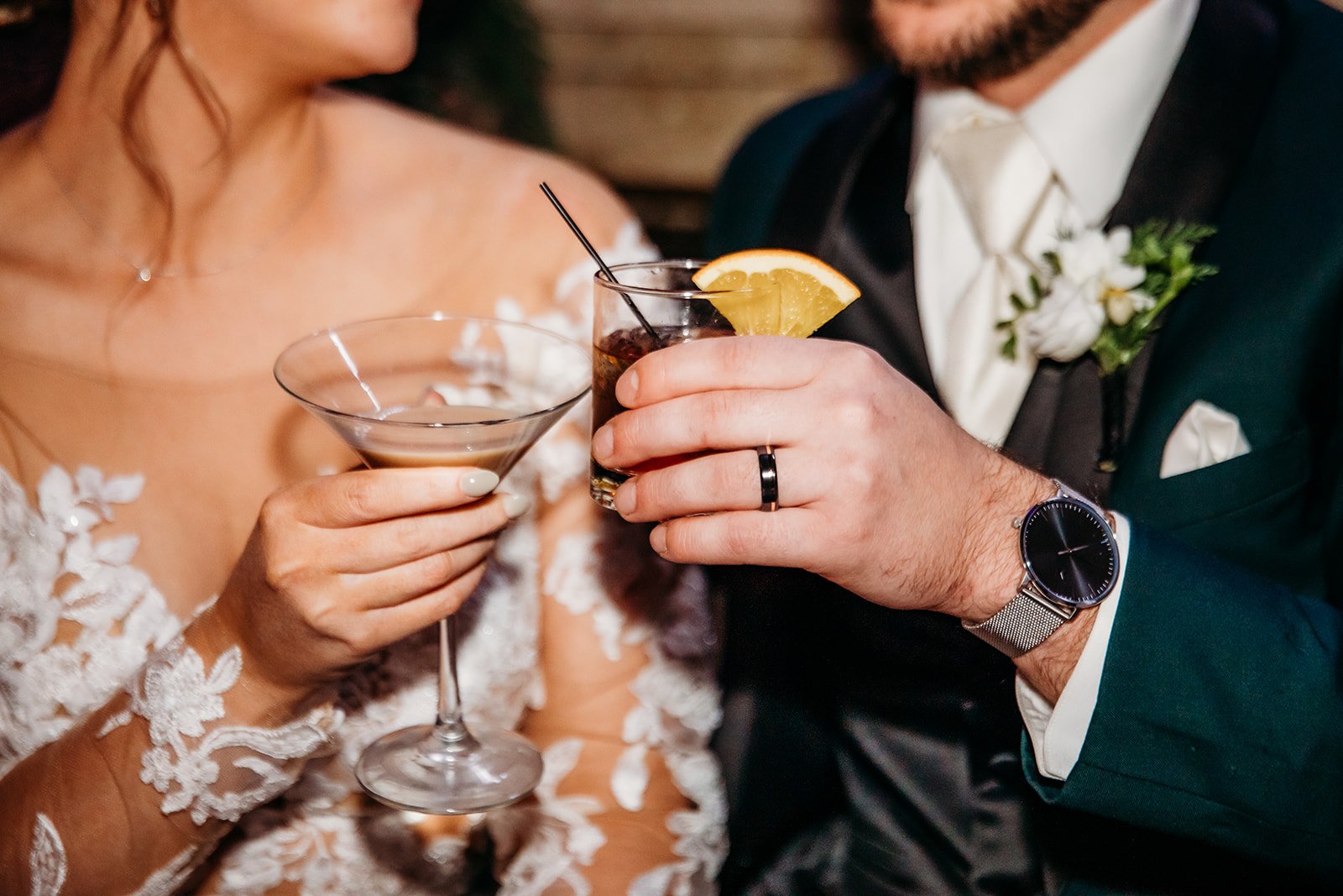 bride and groom toast custom cocktails during Troy NY wedding reception