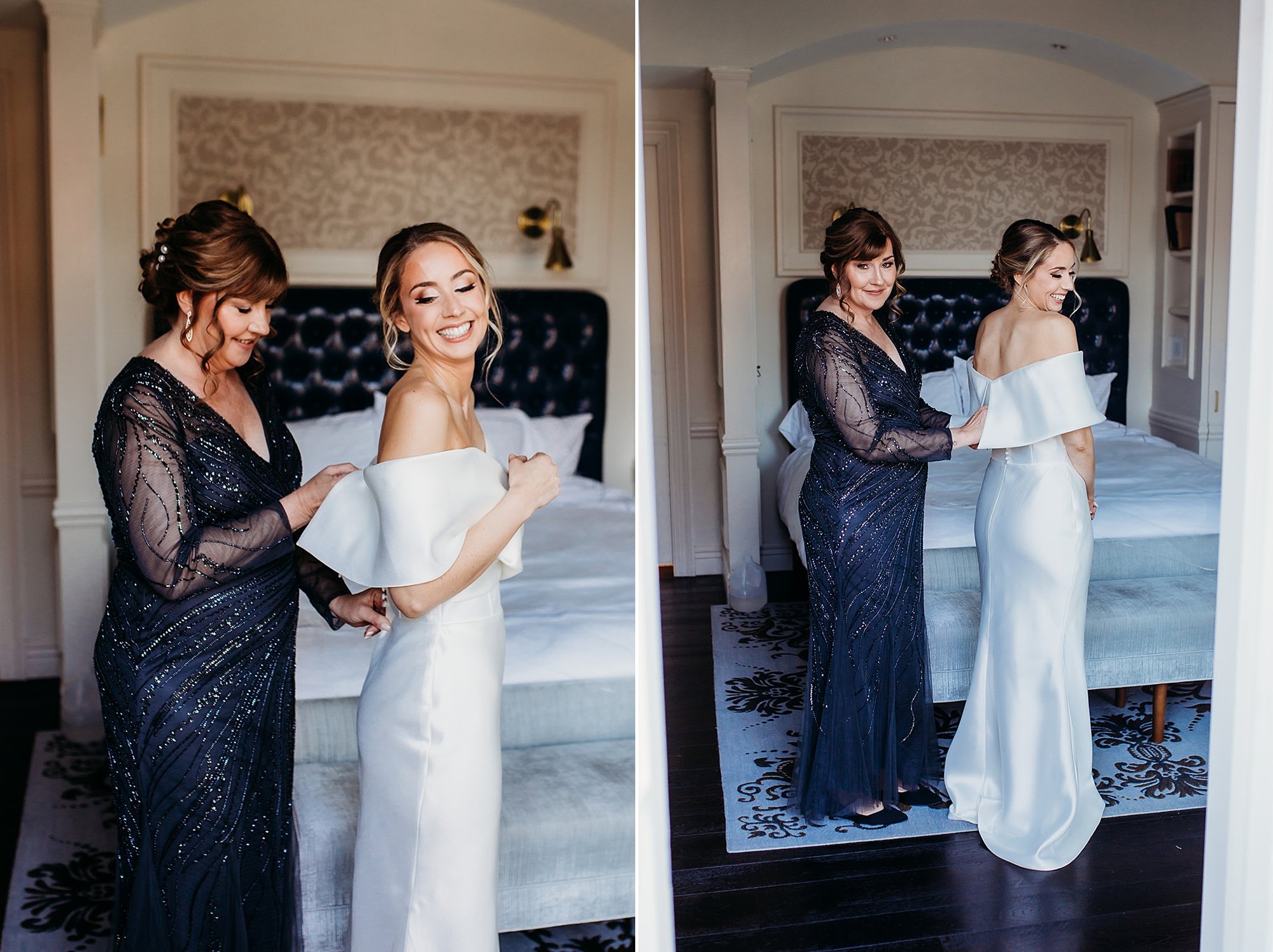 mother helps bride into wedding dress in hotel room at The Adelphi Hotel