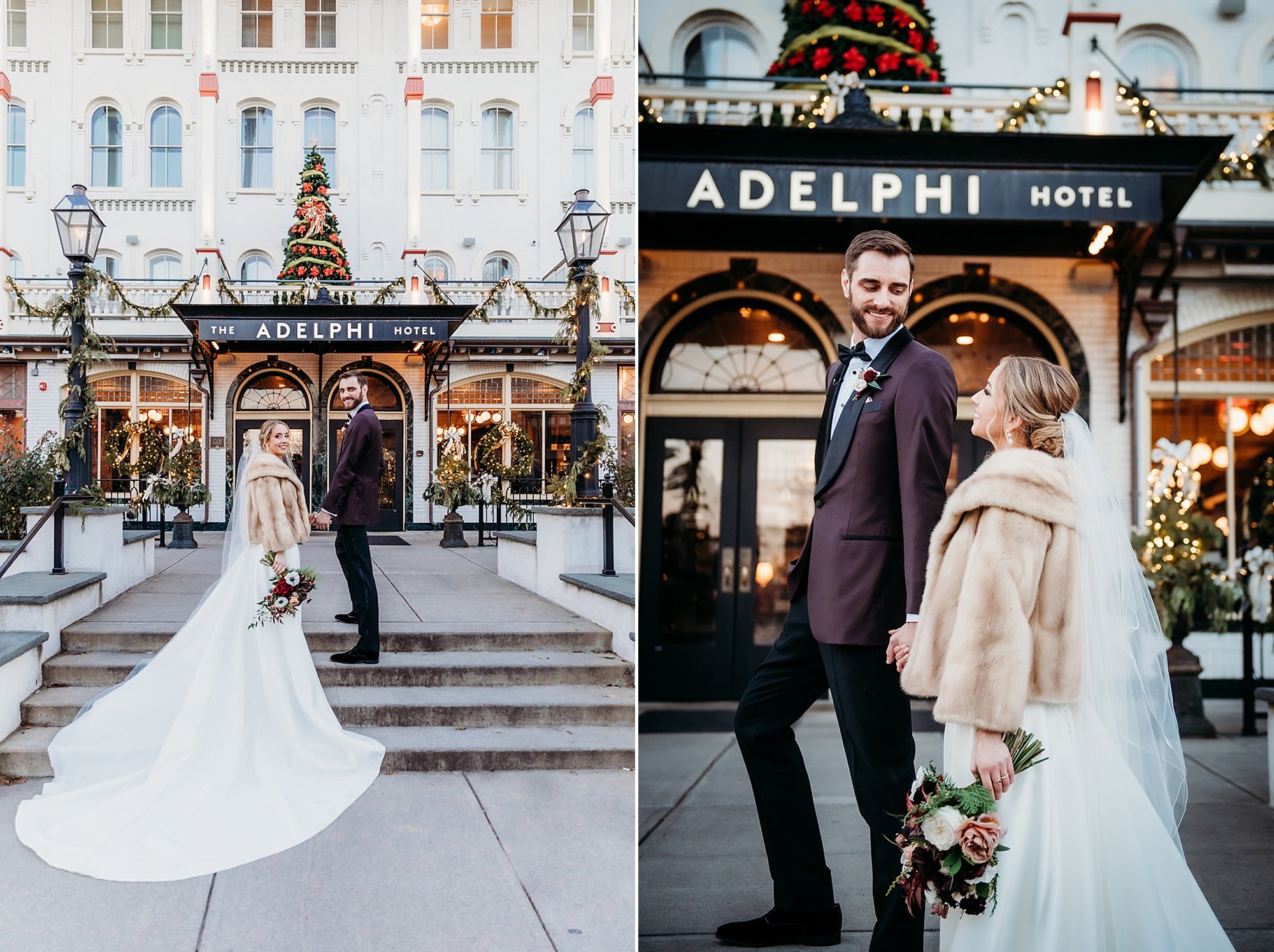 bride and groom pose on steps of The Adelphi Hotel