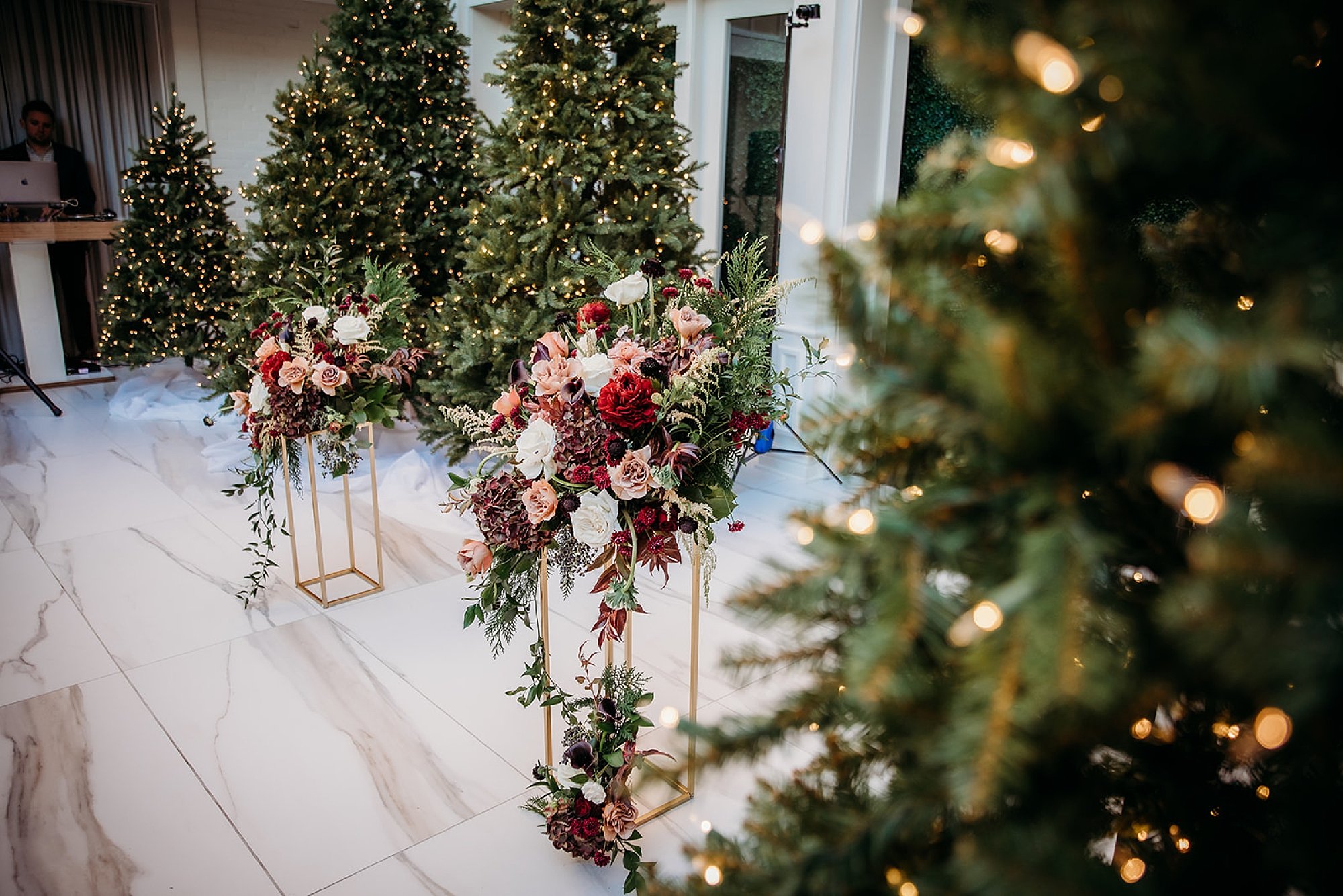winter wedding ceremony florals at The Adelphi Hotel