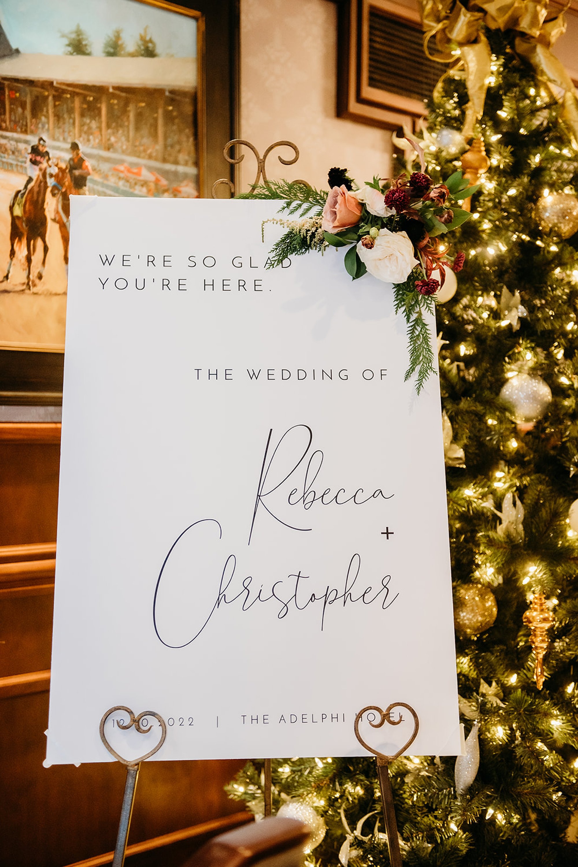 welcome sign for Christmas wedding ceremony at The Adelphi Hotel