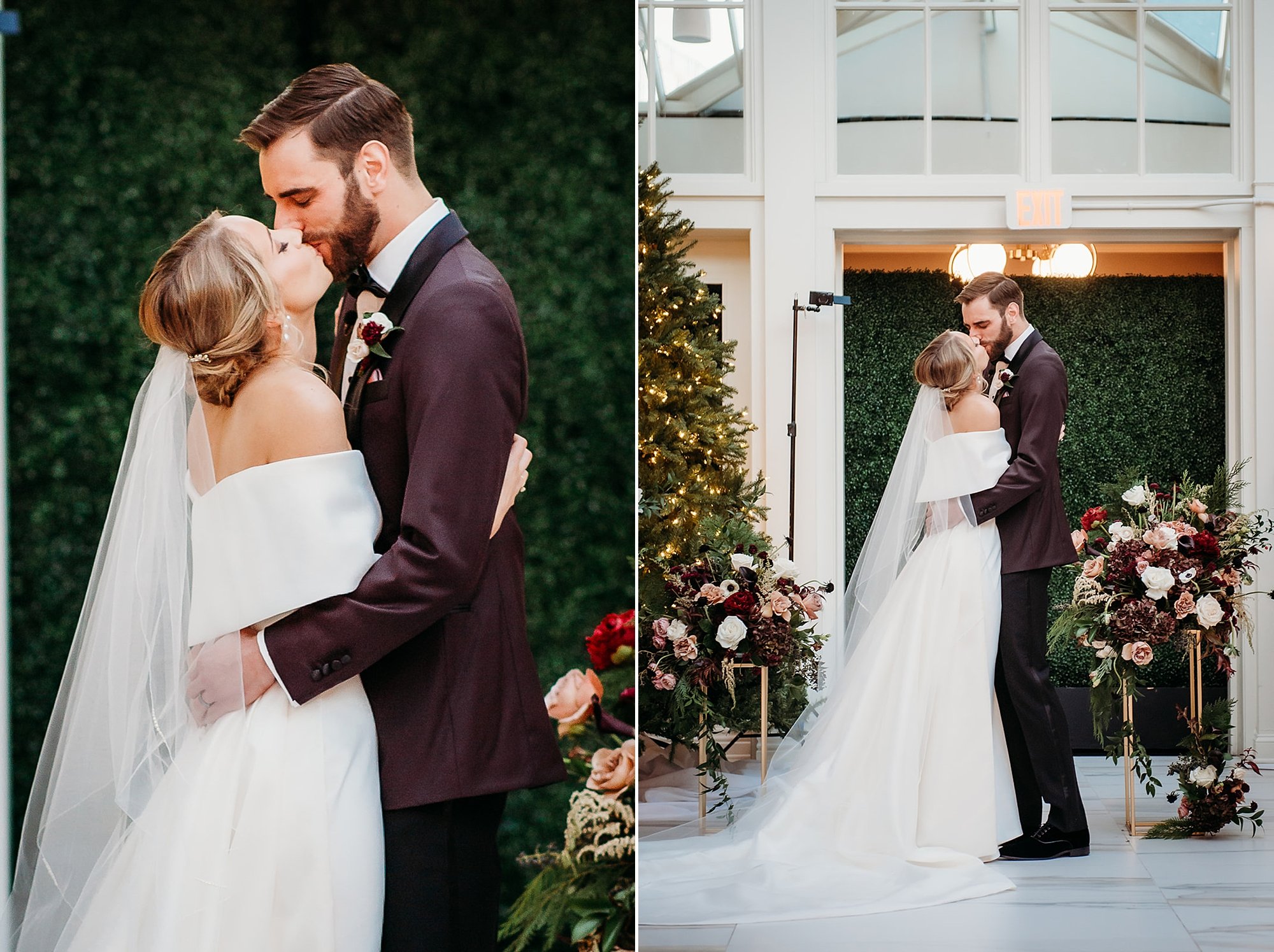 groom kisses bride during wedding ceremony in atrium at The Adelphi Hotel in Saratoga Springs NY