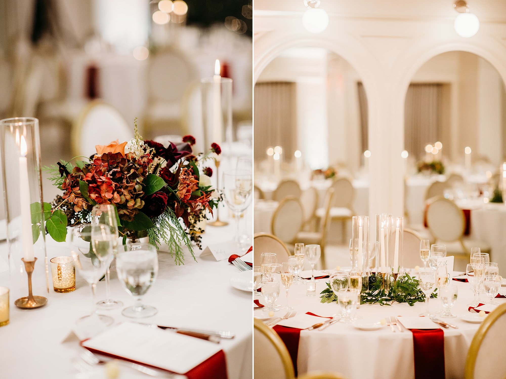 winter wedding reception in the atrium at The Adelphi Hotel with red and green centerpieces 