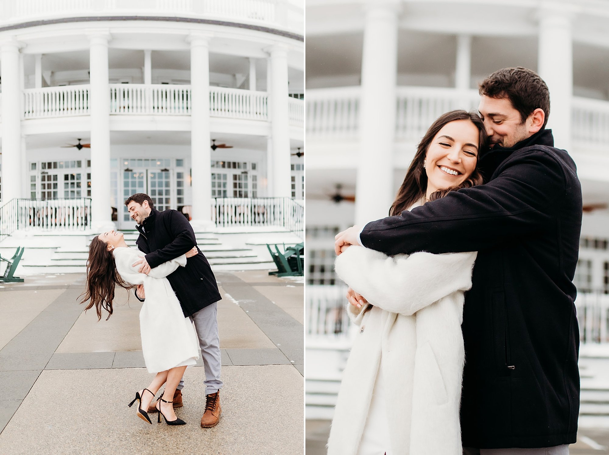 man hugs fiance in white winter jacket during snow engagement session on Lake George