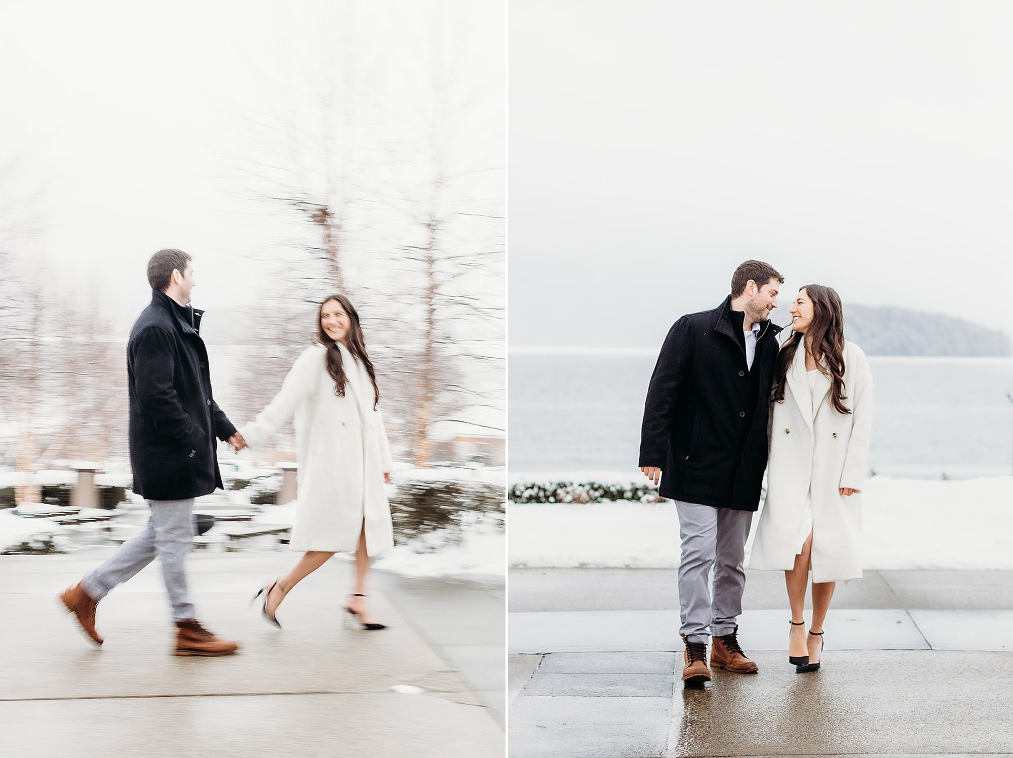 engaged couple holds hands walking on sidewalk by The Sagamore Resort in the snow