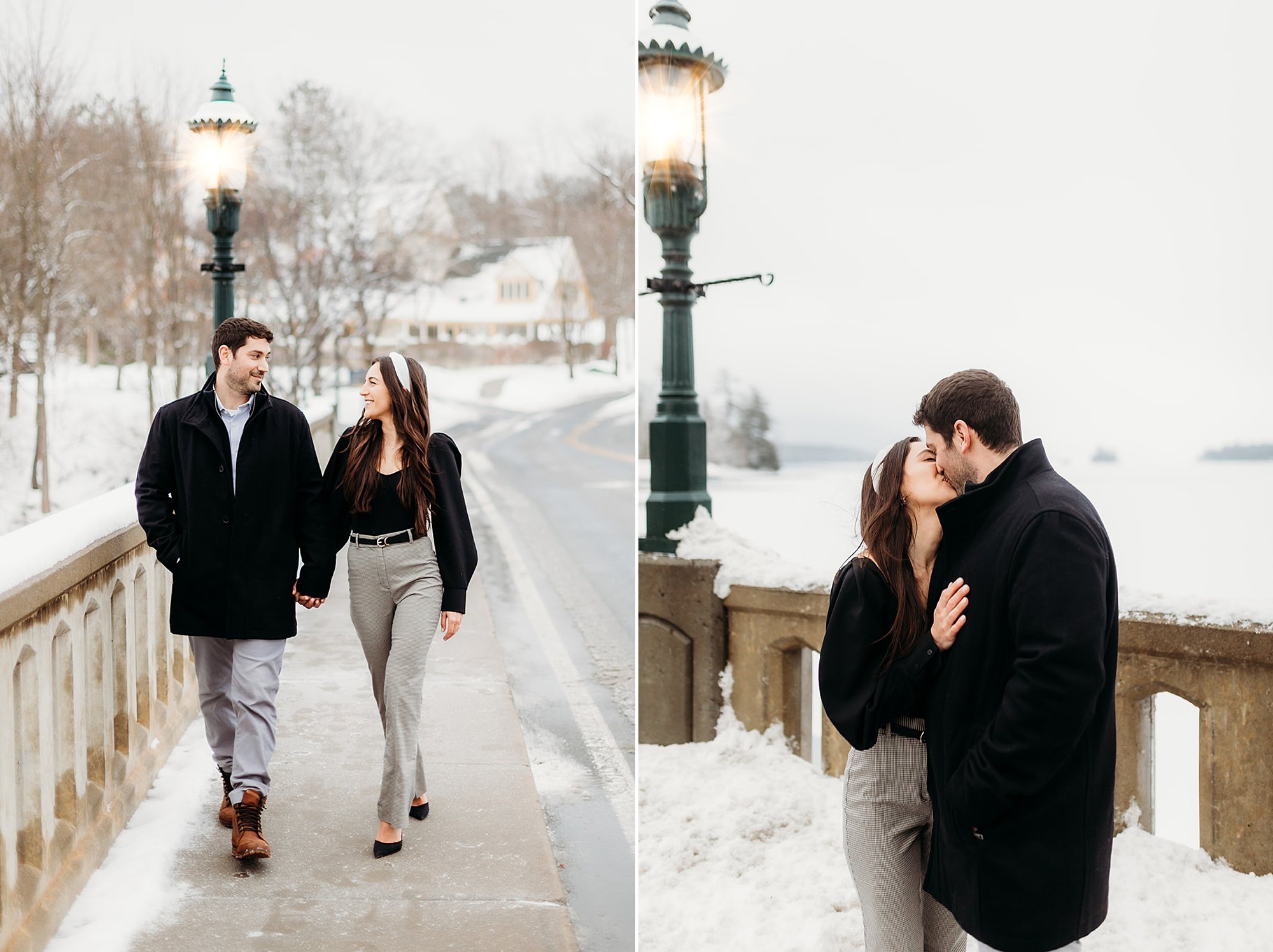 bride and groom kiss near green lamp post by Lake George in the snow