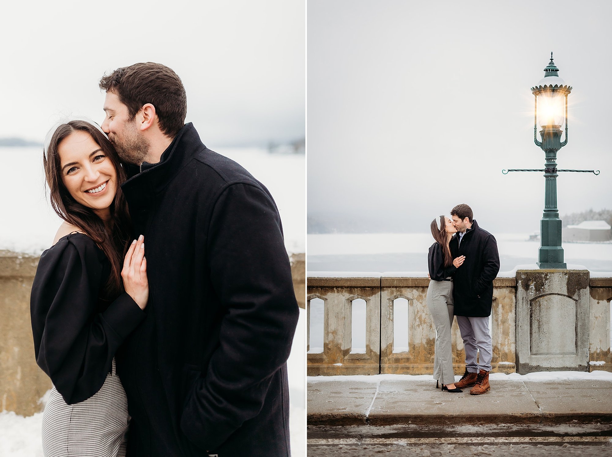 man leans to kiss woman's forehead during portraits by lamppost 