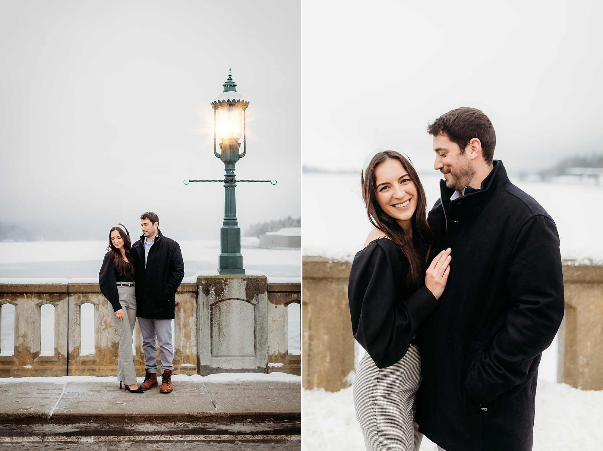 couple poses by lamp post by Lake George in the snow