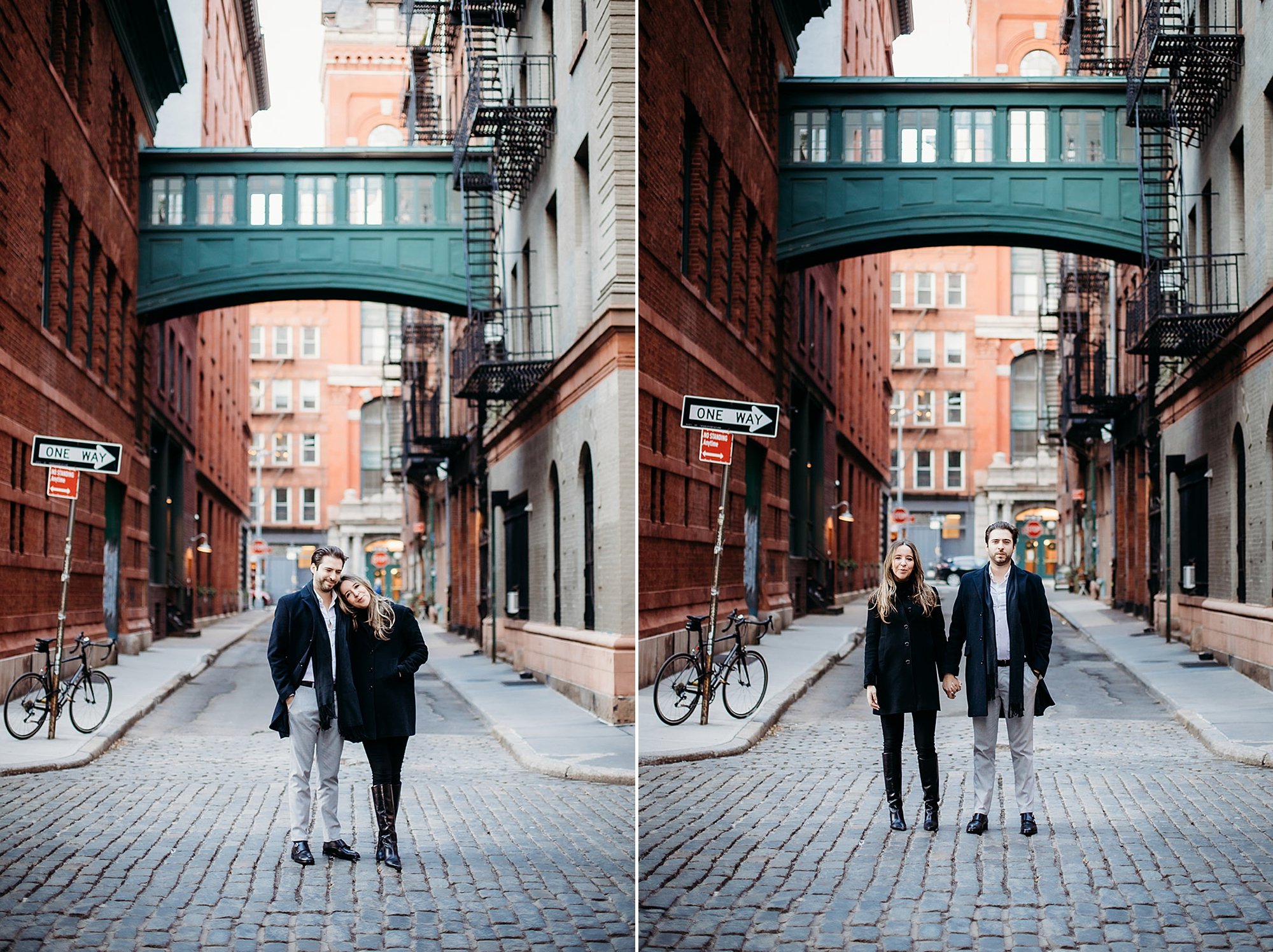 couple holds hands and walks on cobblestone street in Tribeca NY
