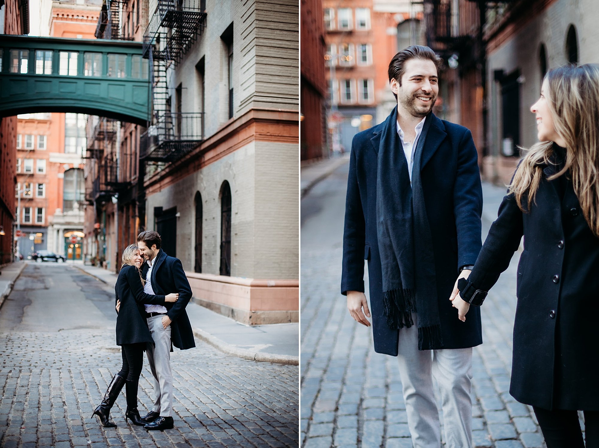 classic Tribeca NY engagement session near floating bridge 