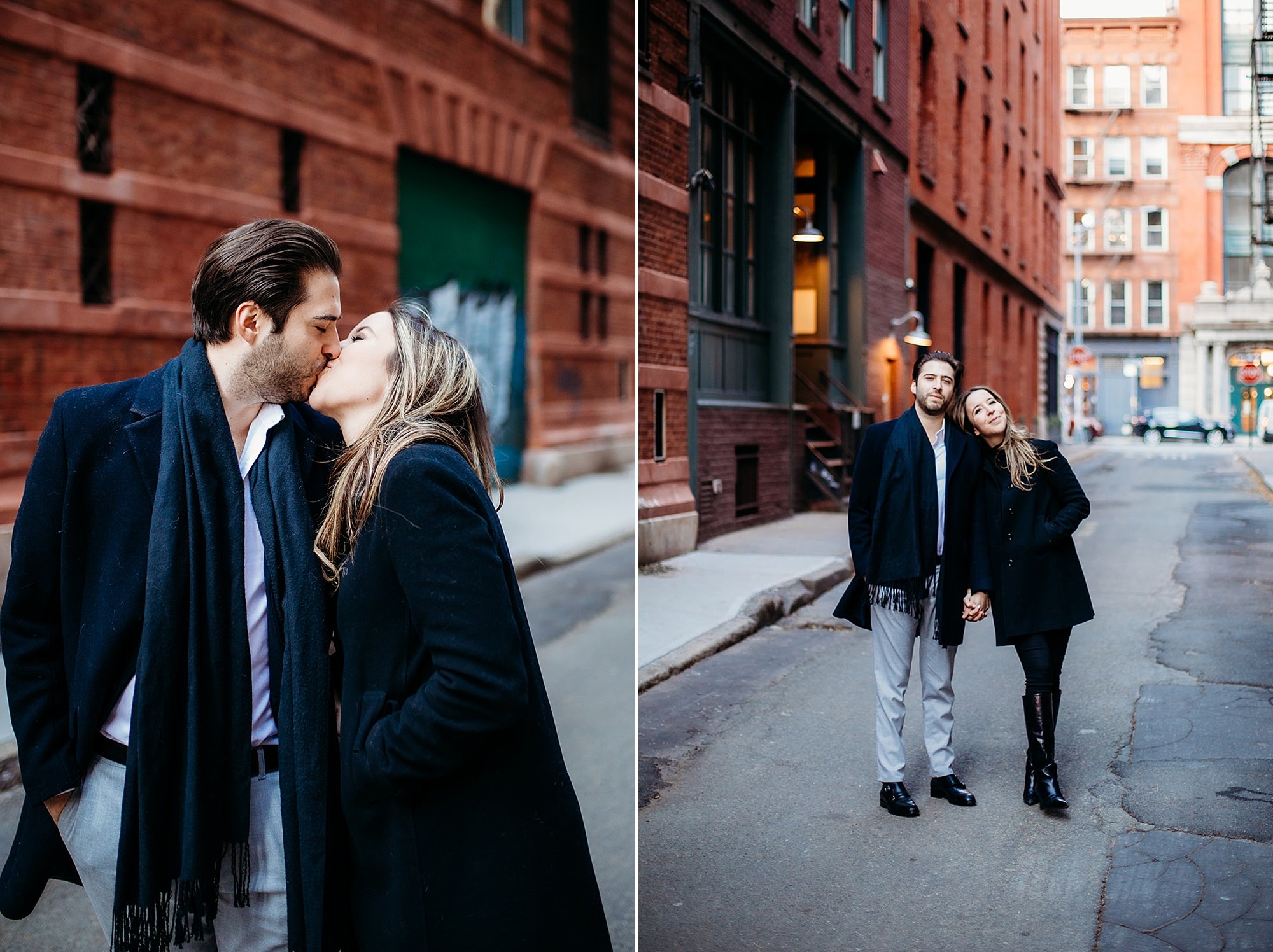 woman leans to kiss fiance during classic NYC engagement session in Tribeca NY