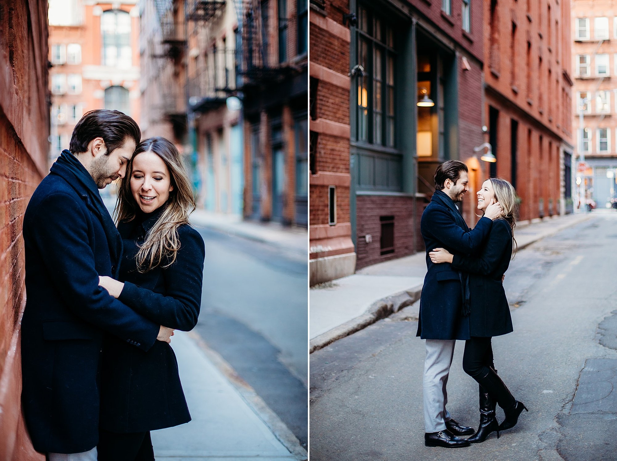 couple hugs against brick building in Tribeca NY during winter engagement session