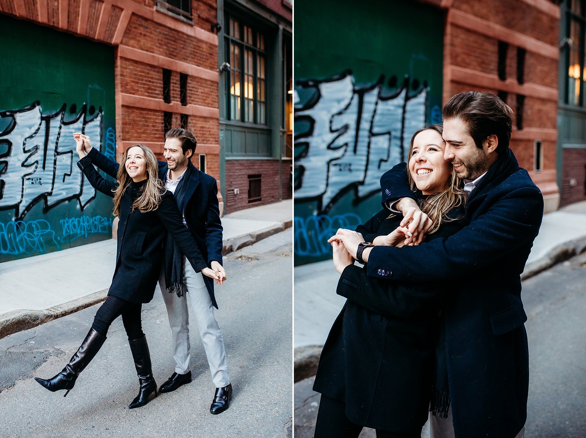 engaged couple laughs and poses near graffiti 