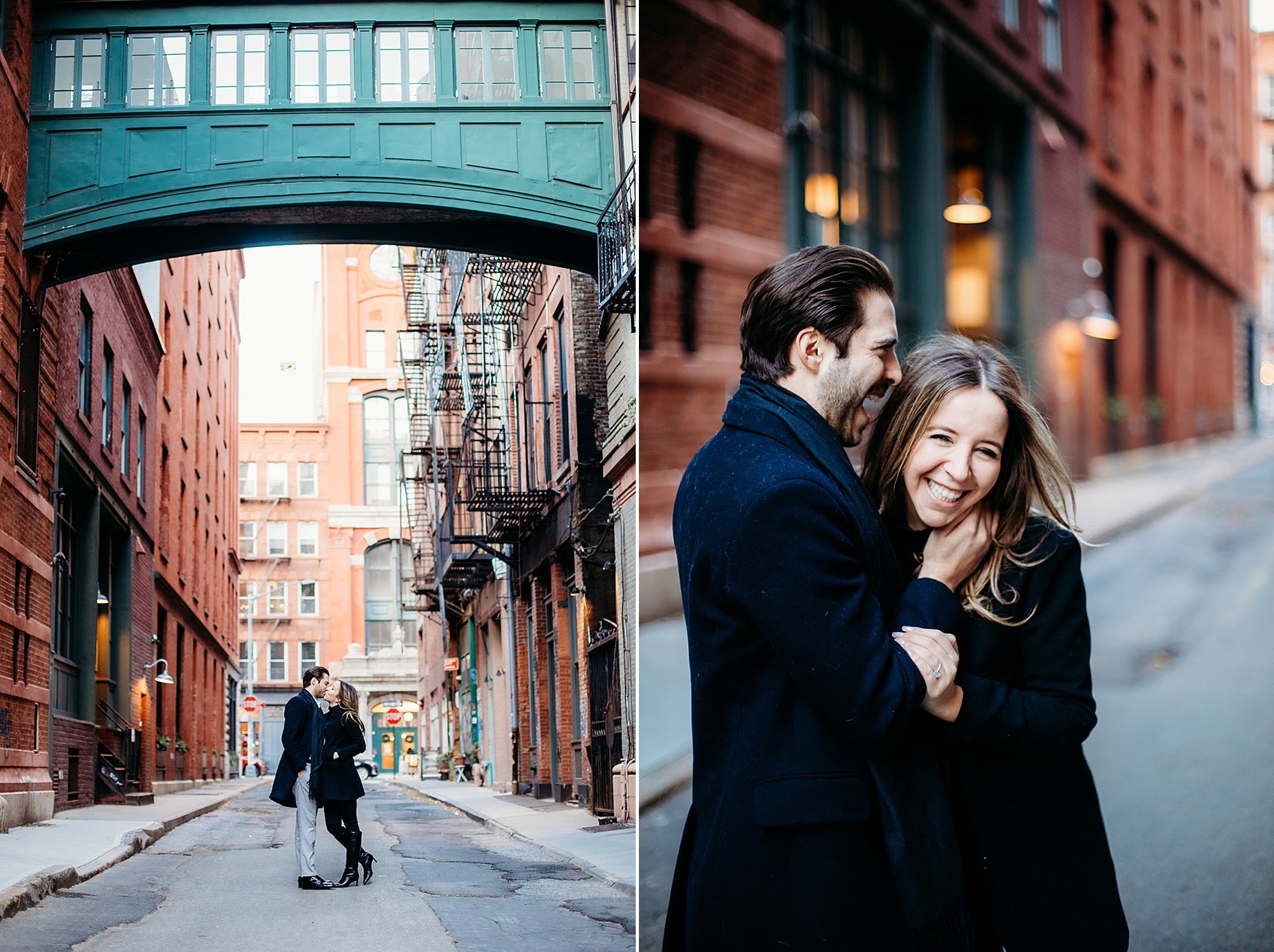 engaged couple hugs in street under teal floating bridge during winter engagement session in Tribeca NY