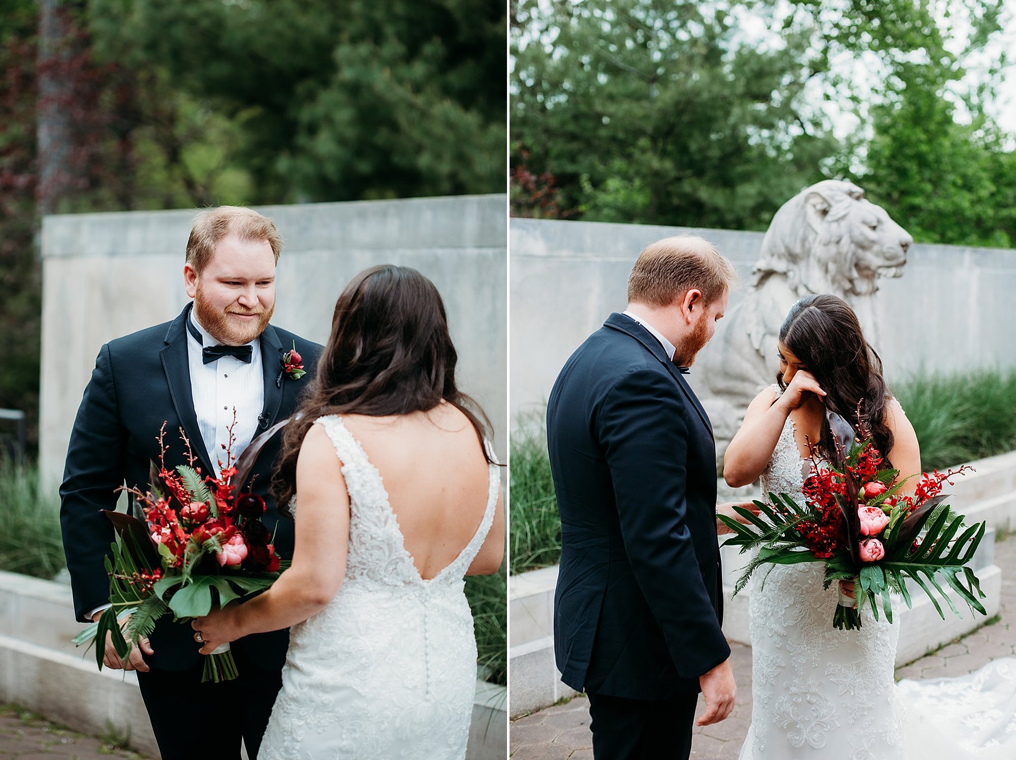 groom turns to look at bride holding tropical bouquet in gardens at the Bronx Zoo
